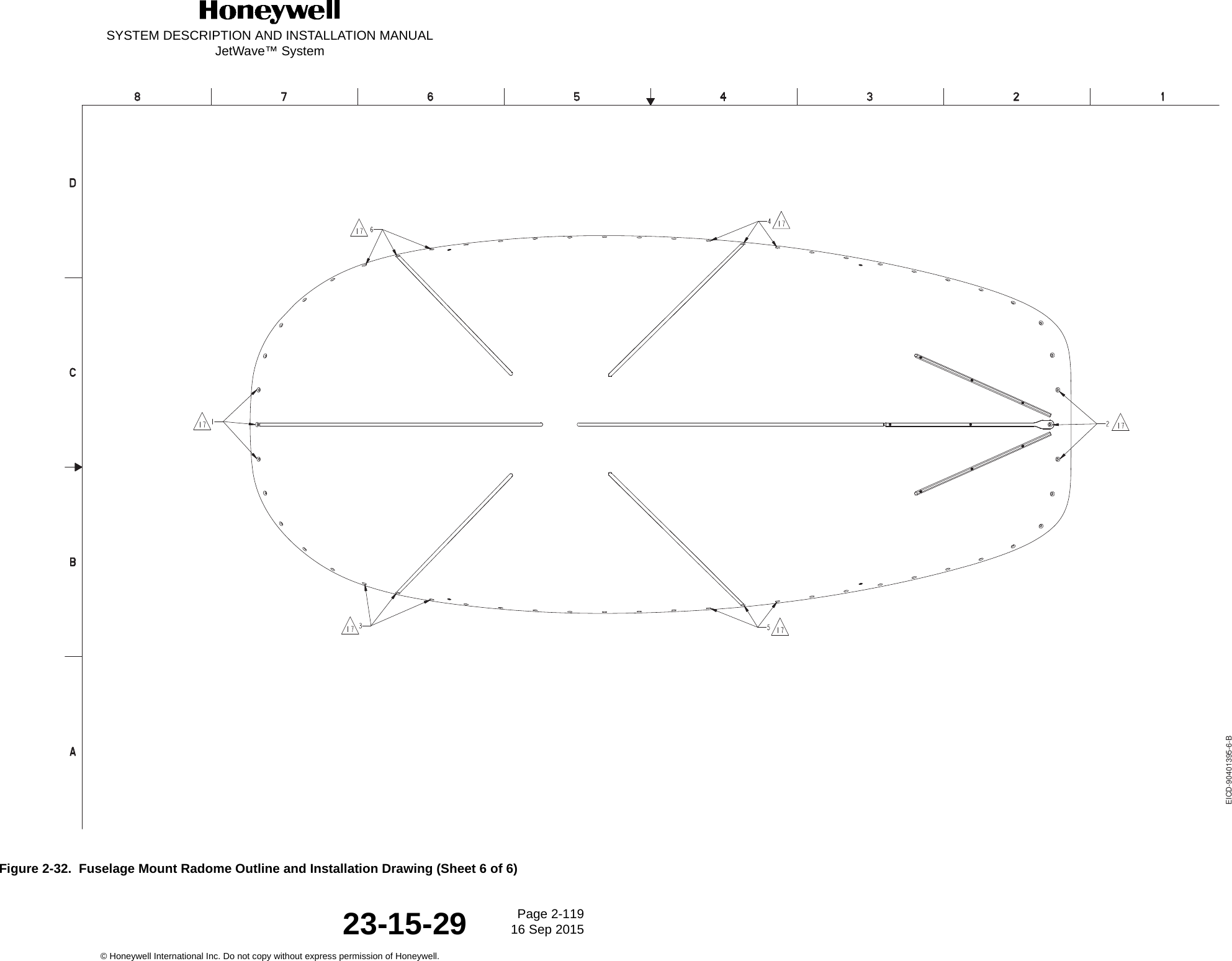 SYSTEM DESCRIPTION AND INSTALLATION MANUALJetWave™ SystemPage 2-119 16 Sep 2015© Honeywell International Inc. Do not copy without express permission of Honeywell.23-15-29Figure 2-32.  Fuselage Mount Radome Outline and Installation Drawing (Sheet 6 of 6) EICD-90401395-6-B
