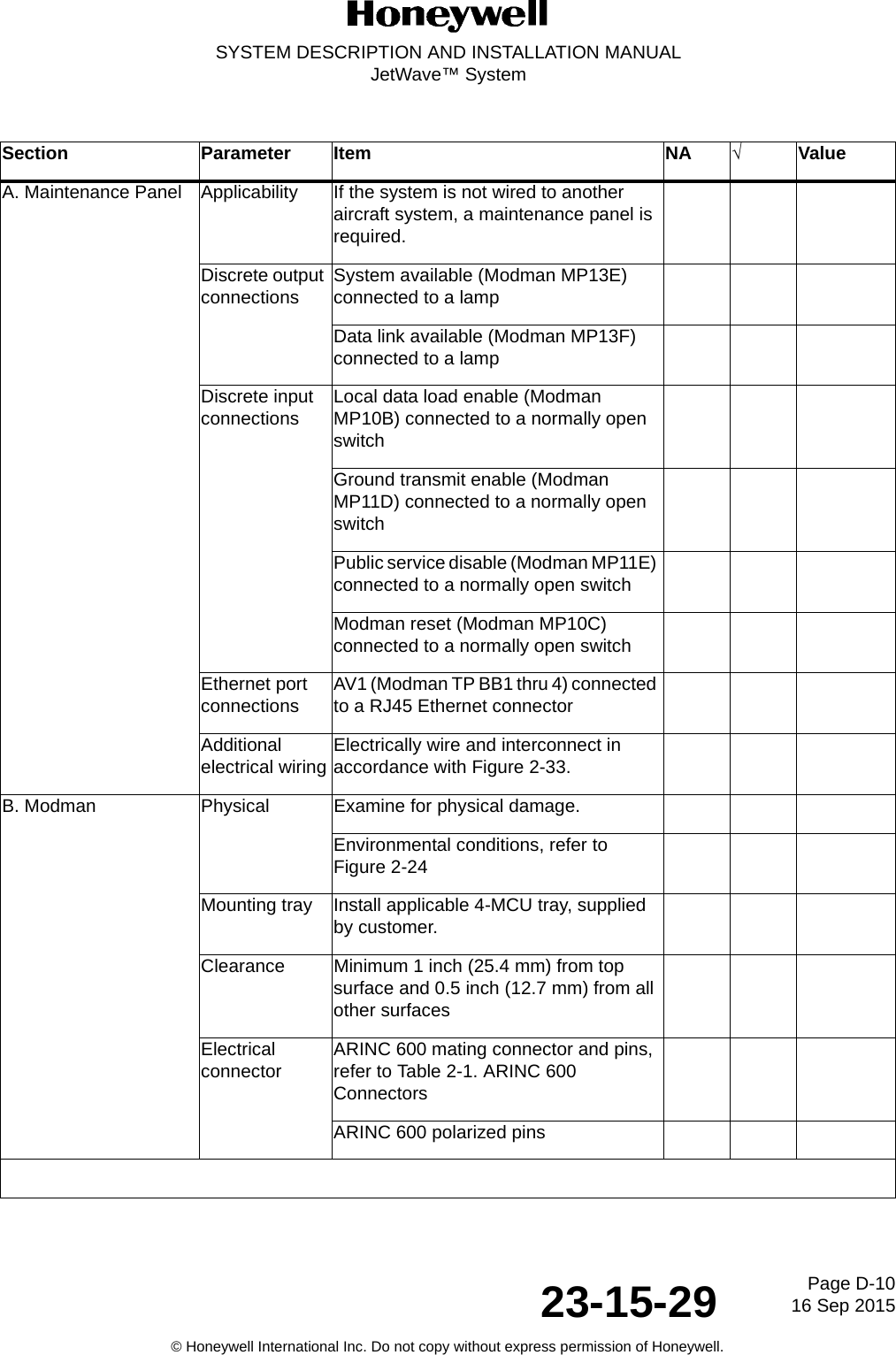 Page D-10 16 Sep 201523-15-29SYSTEM DESCRIPTION AND INSTALLATION MANUALJetWave™ System© Honeywell International Inc. Do not copy without express permission of Honeywell. Section Parameter Item NA √ValueA. Maintenance Panel Applicability  If the system is not wired to another aircraft system, a maintenance panel is required.Discrete output connections  System available (Modman MP13E) connected to a lampData link available (Modman MP13F) connected to a lampDiscrete input connections Local data load enable (Modman MP10B) connected to a normally open switchGround transmit enable (Modman MP11D) connected to a normally open switchPublic service disable (Modman MP11E) connected to a normally open switchModman reset (Modman MP10C) connected to a normally open switchEthernet port connections AV1 (Modman TP BB1 thru 4) connected to a RJ45 Ethernet connectorAdditional electrical wiring Electrically wire and interconnect in accordance with Figure 2-33.B. Modman Physical Examine for physical damage.Environmental conditions, refer to Figure 2-24Mounting tray Install applicable 4-MCU tray, supplied by customer.Clearance Minimum 1 inch (25.4 mm) from top surface and 0.5 inch (12.7 mm) from all other surfacesElectrical connector ARINC 600 mating connector and pins, refer to Table 2-1. ARINC 600 ConnectorsARINC 600 polarized pins