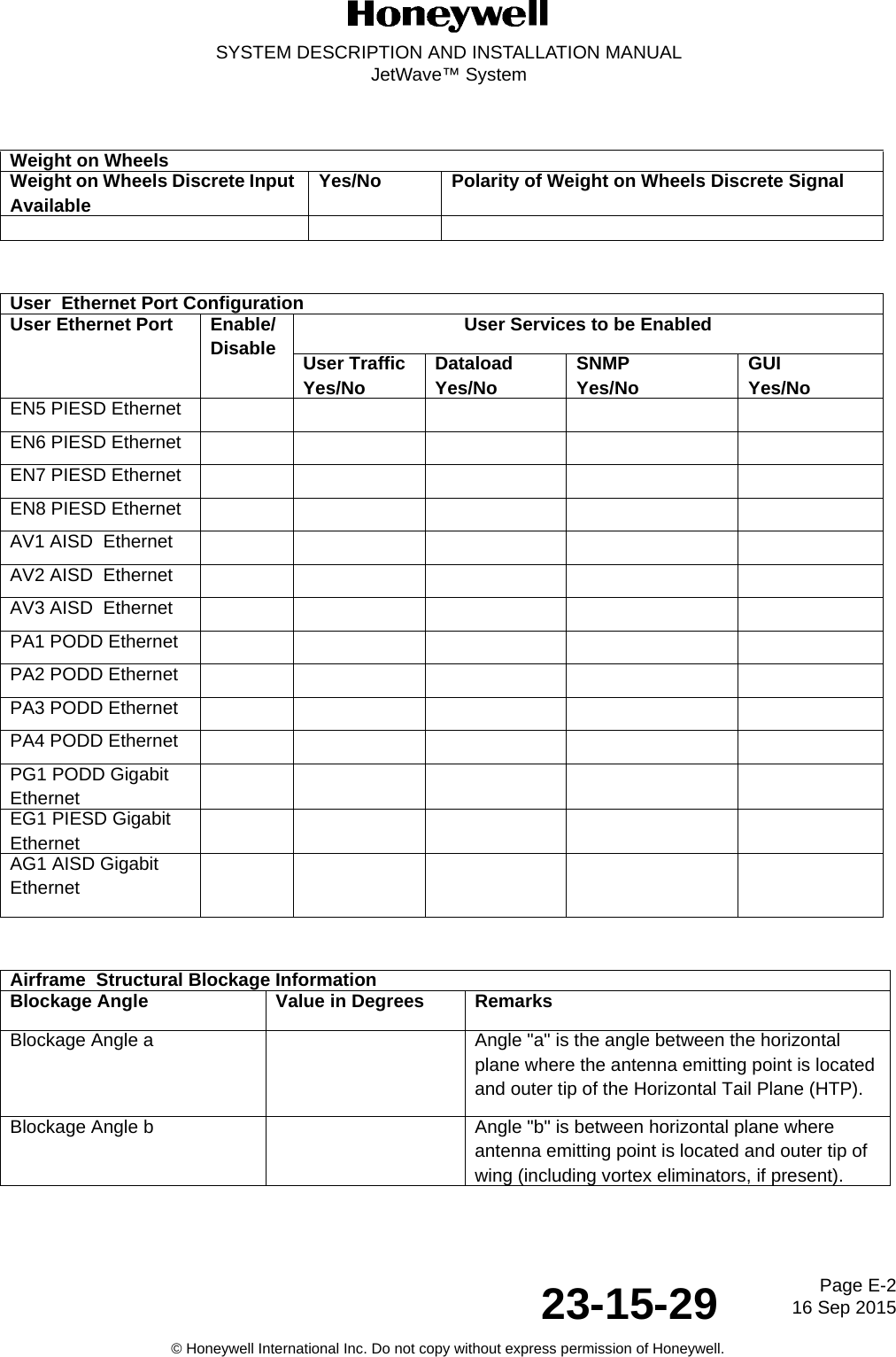 Page E-216 Sep 201523-15-29SYSTEM DESCRIPTION AND INSTALLATION MANUALJetWave™ System© Honeywell International Inc. Do not copy without express permission of Honeywell.Weight on WheelsWeight on Wheels Discrete Input Available Yes/No Polarity of Weight on Wheels Discrete SignalUser  Ethernet Port ConfigurationUser Ethernet Port Enable/ Disable User Services to be EnabledUser TrafficYes/No DataloadYes/No SNMPYes/No GUIYes/NoEN5 PIESD EthernetEN6 PIESD EthernetEN7 PIESD EthernetEN8 PIESD EthernetAV1 AISD  Ethernet AV2 AISD  Ethernet AV3 AISD  Ethernet PA1 PODD EthernetPA2 PODD EthernetPA3 PODD EthernetPA4 PODD EthernetPG1 PODD Gigabit Ethernet EG1 PIESD Gigabit Ethernet AG1 AISD Gigabit Ethernet Airframe  Structural Blockage InformationBlockage Angle Value in Degrees RemarksBlockage Angle a Angle &quot;a&quot; is the angle between the horizontal plane where the antenna emitting point is located and outer tip of the Horizontal Tail Plane (HTP).Blockage Angle b Angle &quot;b&quot; is between horizontal plane where antenna emitting point is located and outer tip of wing (including vortex eliminators, if present).