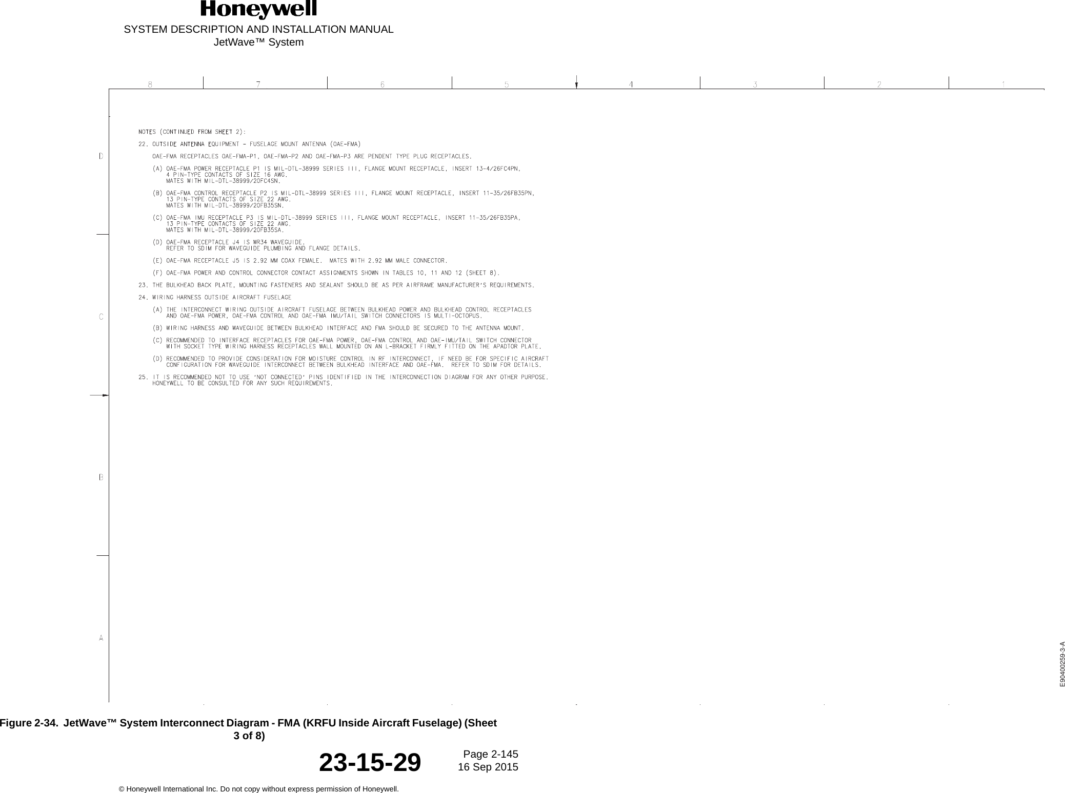 SYSTEM DESCRIPTION AND INSTALLATION MANUALJetWave™ SystemPage 2-145 16 Sep 2015© Honeywell International Inc. Do not copy without express permission of Honeywell.23-15-29Figure 2-34.  JetWave™ System Interconnect Diagram - FMA (KRFU Inside Aircraft Fuselage) (Sheet 3 of 8)E90400259-3-A