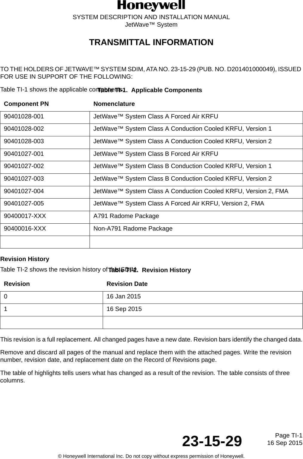 Page TI-116 Sep 201523-15-29SYSTEM DESCRIPTION AND INSTALLATION MANUALJetWave™ System© Honeywell International Inc. Do not copy without express permission of Honeywell.TRANSMITTAL INFORMATIONTO THE HOLDERS OF JETWAVE™ SYSTEM SDIM, ATA NO. 23-15-29 (PUB. NO. D201401000049), ISSUED FOR USE IN SUPPORT OF THE FOLLOWING:Table TI-1 shows the applicable components.Revision HistoryTable TI-2 shows the revision history of this SDIM.This revision is a full replacement. All changed pages have a new date. Revision bars identify the changed data.Remove and discard all pages of the manual and replace them with the attached pages. Write the revision number, revision date, and replacement date on the Record of Revisions page.The table of highlights tells users what has changed as a result of the revision. The table consists of three columns.Table TI-1.  Applicable Components Component PN Nomenclature90401028-001 JetWave™ System Class A Forced Air KRFU90401028-002 JetWave™ System Class A Conduction Cooled KRFU, Version 190401028-003 JetWave™ System Class A Conduction Cooled KRFU, Version 290401027-001 JetWave™ System Class B Forced Air KRFU90401027-002 JetWave™ System Class B Conduction Cooled KRFU, Version 190401027-003 JetWave™ System Class B Conduction Cooled KRFU, Version 290401027-004 JetWave™ System Class A Conduction Cooled KRFU, Version 2, FMA90401027-005 JetWave™ System Class A Forced Air KRFU, Version 2, FMA90400017-XXX A791 Radome Package90400016-XXX Non-A791 Radome PackageTable TI-2.  Revision History Revision Revision Date0 16 Jan 20151 16 Sep 2015