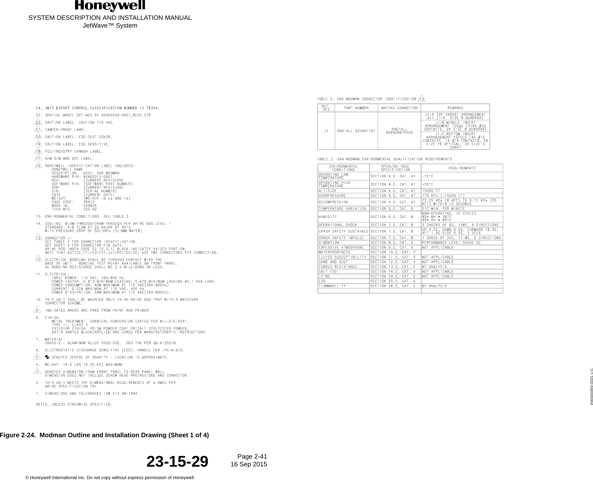 SYSTEM DESCRIPTION AND INSTALLATION MANUALJetWave™ SystemPage 2-41 16 Sep 2015© Honeywell International Inc. Do not copy without express permission of Honeywell.23-15-29Figure 2-24.  Modman Outline and Installation Drawing (Sheet 1 of 4)E90400059-0001-1-C