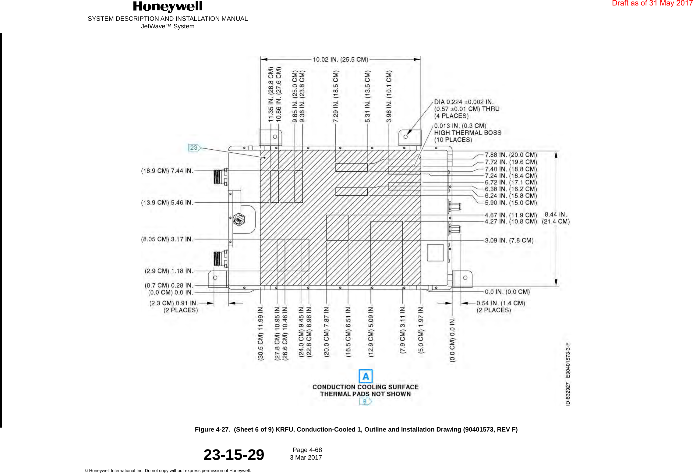 SYSTEM DESCRIPTION AND INSTALLATION MANUALJetWave™ SystemPage 4-68 3 Mar 2017© Honeywell International Inc. Do not copy without express permission of Honeywell.23-15-29Figure 4-27.  (Sheet 6 of 9) KRFU, Conduction-Cooled 1, Outline and Installation Drawing (90401573, REV F)Draft as of 31 May 2017