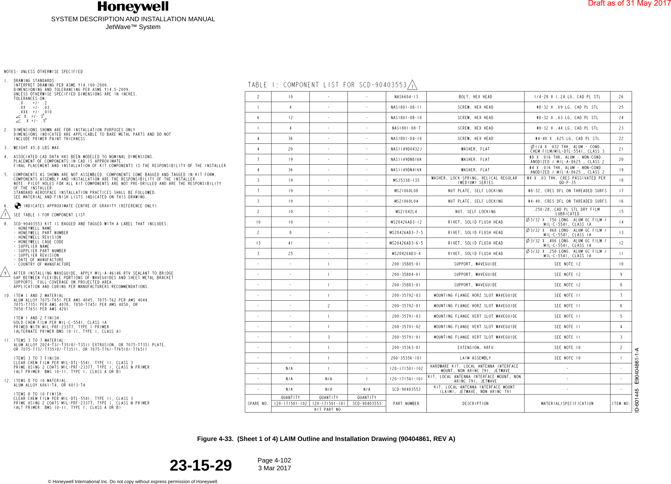 SYSTEM DESCRIPTION AND INSTALLATION MANUALJetWave™ SystemPage 4-102 3 Mar 2017© Honeywell International Inc. Do not copy without express permission of Honeywell.23-15-29Figure 4-33.  (Sheet 1 of 4) LAIM Outline and Installation Drawing (90404861, REV A)Draft as of 31 May 2017