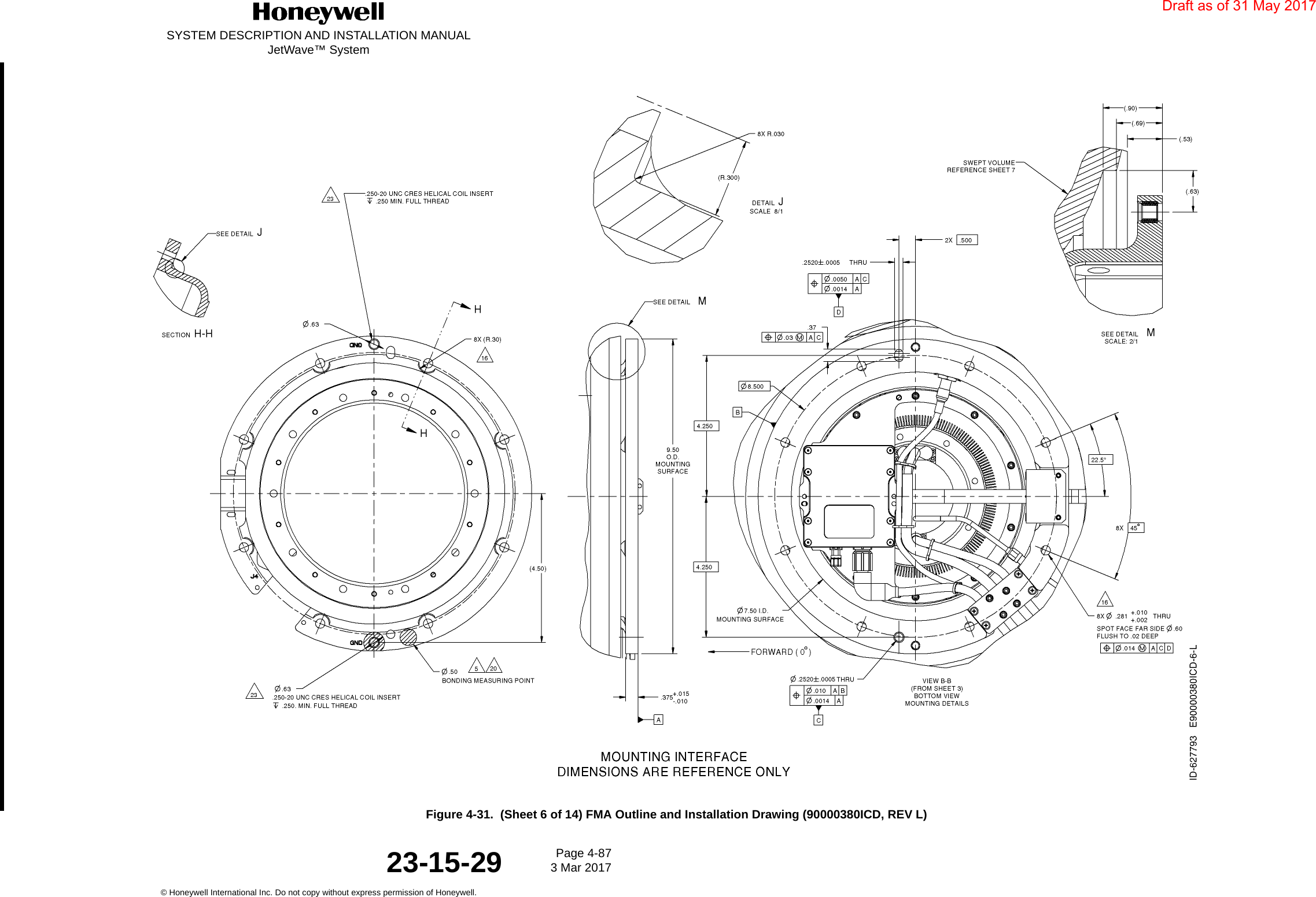 SYSTEM DESCRIPTION AND INSTALLATION MANUALJetWave™ SystemPage 4-87 3 Mar 2017© Honeywell International Inc. Do not copy without express permission of Honeywell.23-15-29Figure 4-31.  (Sheet 6 of 14) FMA Outline and Installation Drawing (90000380ICD, REV L)Draft as of 31 May 2017