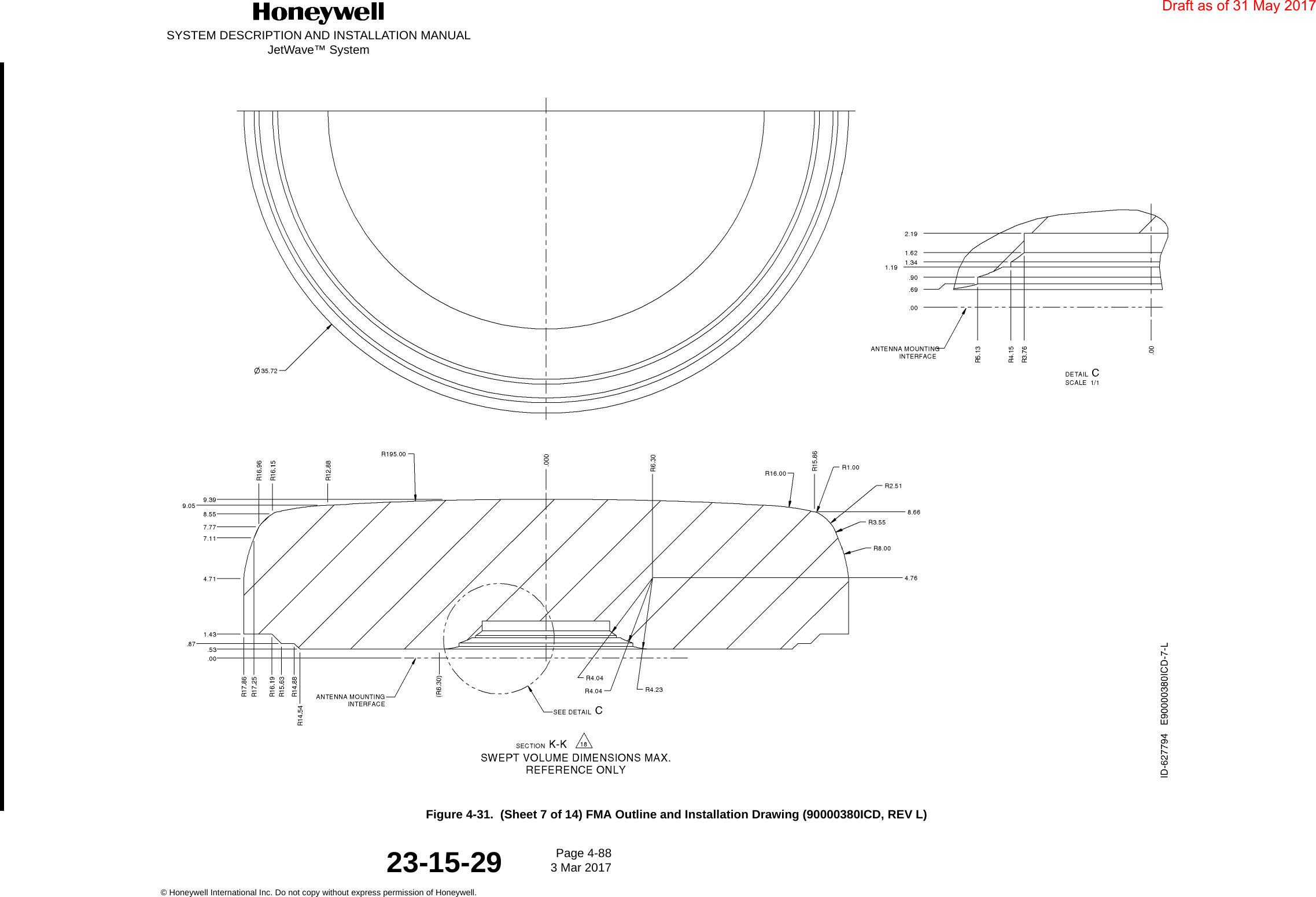 SYSTEM DESCRIPTION AND INSTALLATION MANUALJetWave™ SystemPage 4-88 3 Mar 2017© Honeywell International Inc. Do not copy without express permission of Honeywell.23-15-29Figure 4-31.  (Sheet 7 of 14) FMA Outline and Installation Drawing (90000380ICD, REV L)Draft as of 31 May 2017