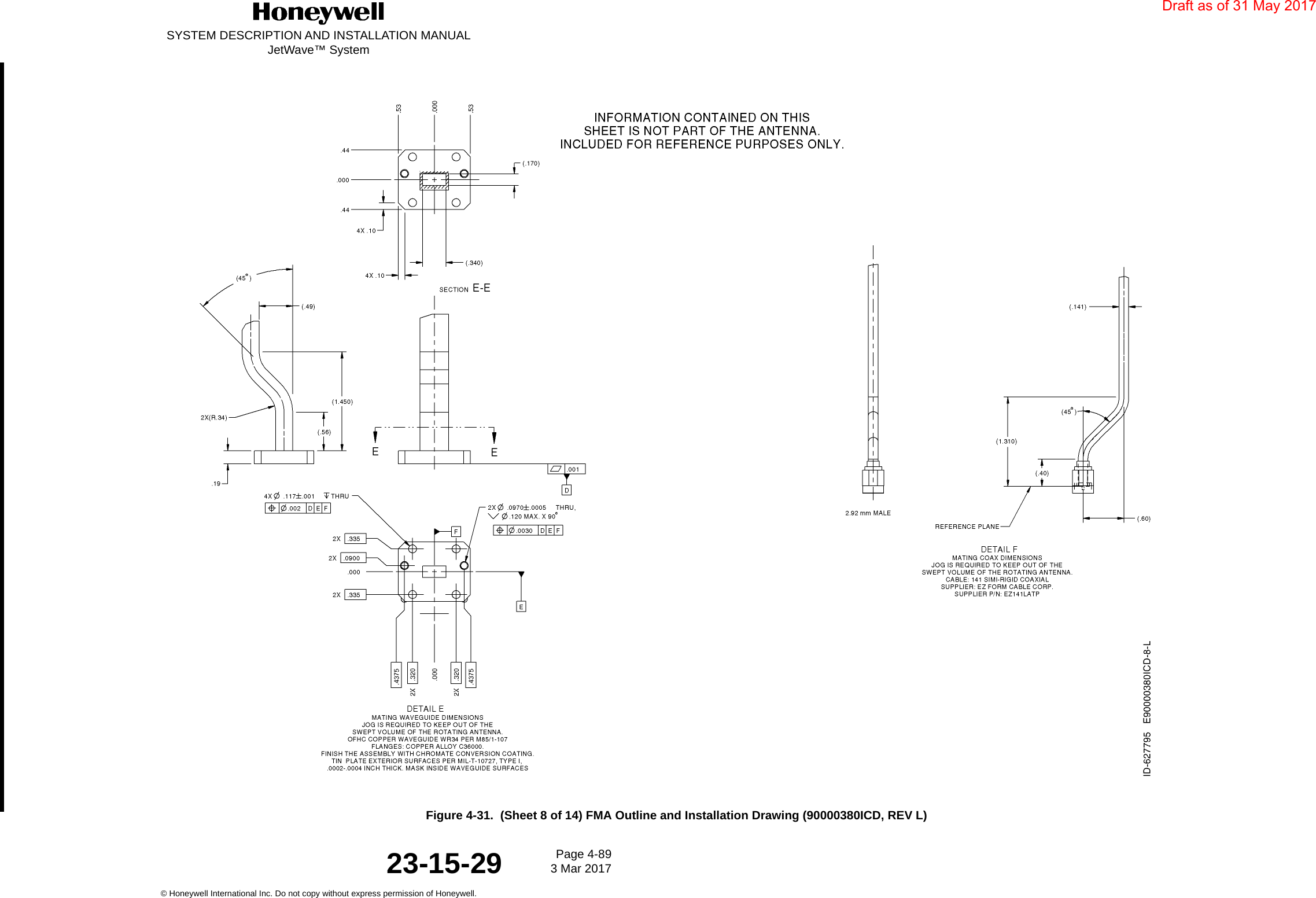 SYSTEM DESCRIPTION AND INSTALLATION MANUALJetWave™ SystemPage 4-89 3 Mar 2017© Honeywell International Inc. Do not copy without express permission of Honeywell.23-15-29Figure 4-31.  (Sheet 8 of 14) FMA Outline and Installation Drawing (90000380ICD, REV L)Draft as of 31 May 2017