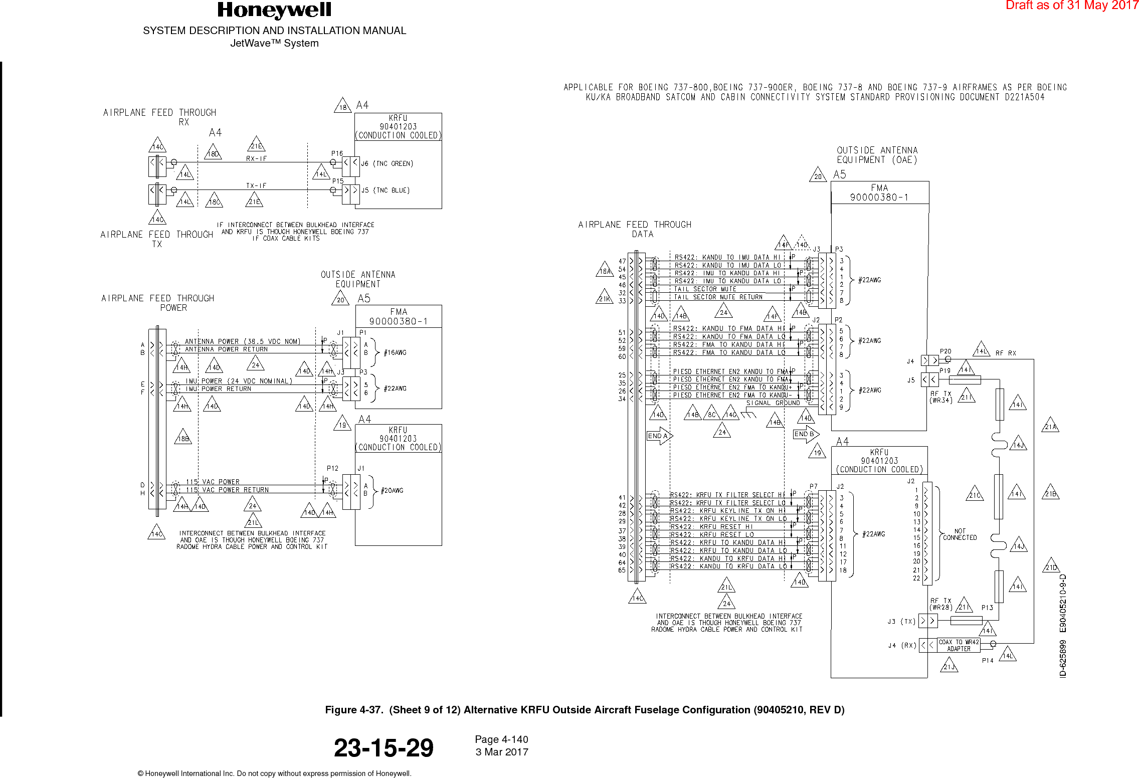 SYSTEM DESCRIPTION AND INSTALLATION MANUALJetWave™ SystemPage 4-140 3 Mar 2017© Honeywell International Inc. Do not copy without express permission of Honeywell.23-15-29Figure 4-37.  (Sheet 9 of 12) Alternative KRFU Outside Aircraft Fuselage Configuration (90405210, REV D)Draft as of 31 May 2017