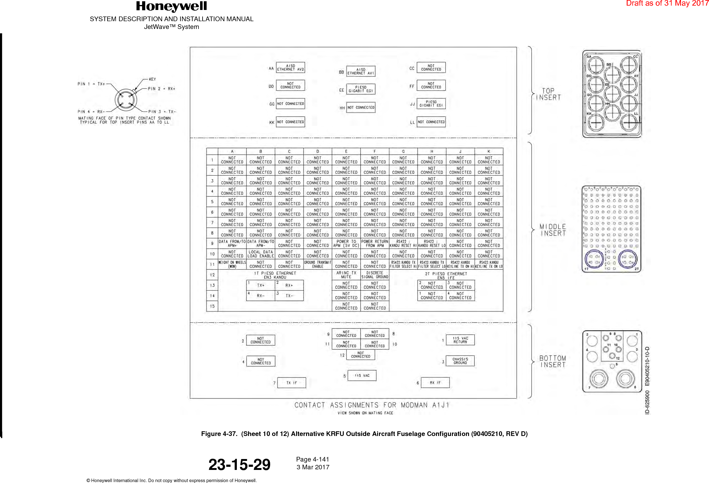 SYSTEM DESCRIPTION AND INSTALLATION MANUALJetWave™ SystemPage 4-141 3 Mar 2017© Honeywell International Inc. Do not copy without express permission of Honeywell.23-15-29Figure 4-37.  (Sheet 10 of 12) Alternative KRFU Outside Aircraft Fuselage Configuration (90405210, REV D)Draft as of 31 May 2017