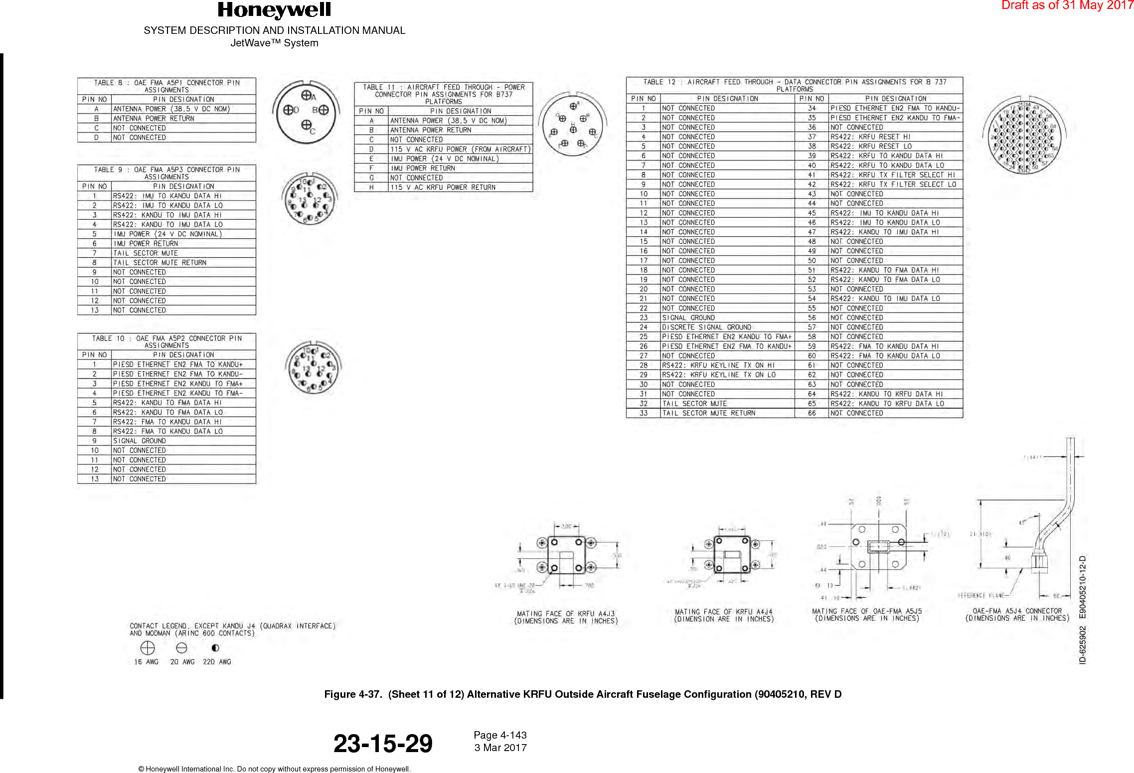 SYSTEM DESCRIPTION AND INSTALLATION MANUALJetWave™ SystemPage 4-143 3 Mar 2017© Honeywell International Inc. Do not copy without express permission of Honeywell.23-15-29Figure 4-37.  (Sheet 11 of 12) Alternative KRFU Outside Aircraft Fuselage Configuration (90405210, REV DDraft as of 31 May 2017