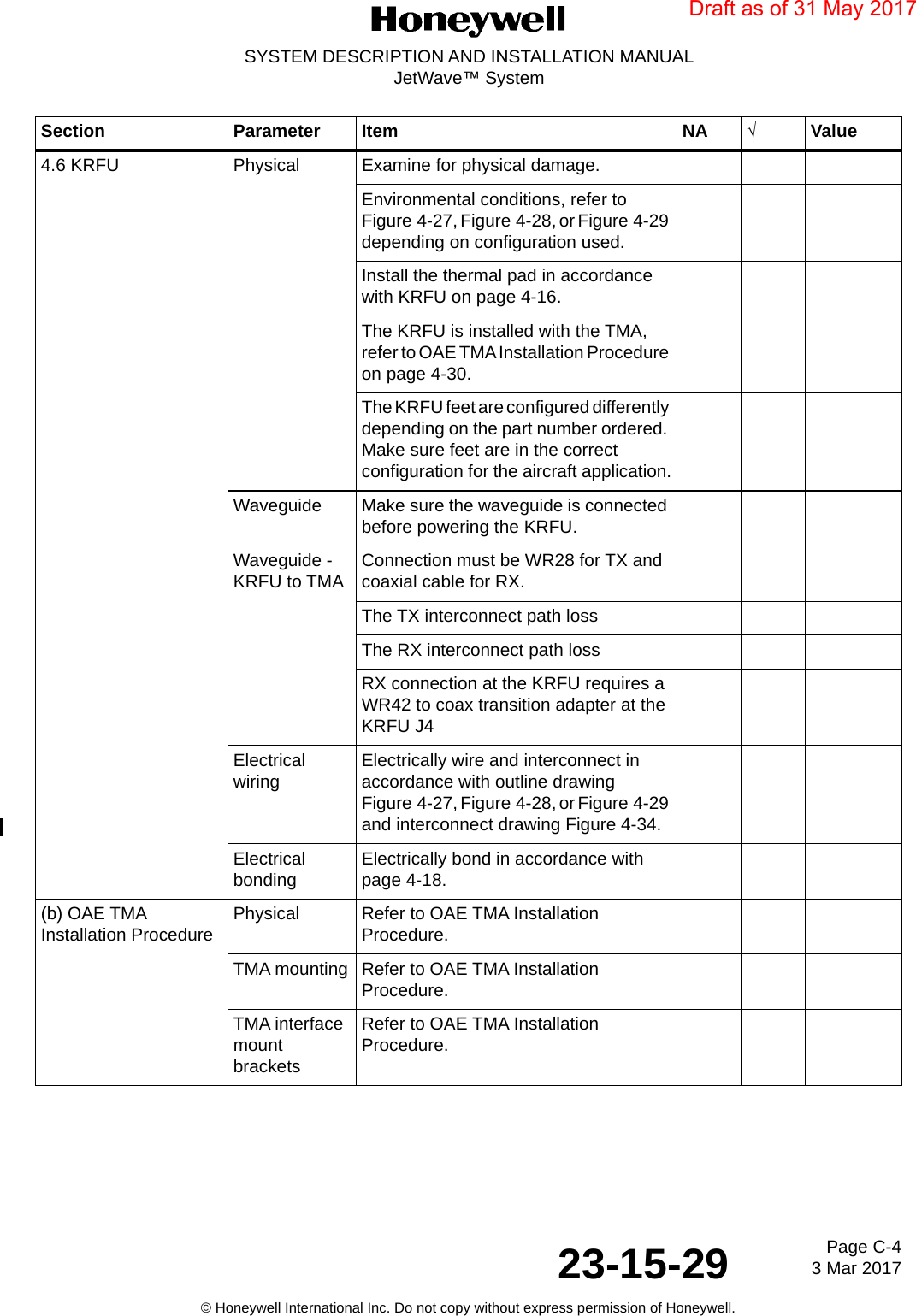 Page C-4 3 Mar 201723-15-29SYSTEM DESCRIPTION AND INSTALLATION MANUALJetWave™ System© Honeywell International Inc. Do not copy without express permission of Honeywell.4.6 KRFU Physical Examine for physical damage.Environmental conditions, refer to Figure  4-27, Figure  4-28, or Figure 4-29 depending on configuration used.Install the thermal pad in accordance with KRFU on page 4-16.The KRFU is installed with the TMA, refer to OAE TMA Installation Procedure on page 4-30.The KRFU feet are configured differently depending on the part number ordered. Make sure feet are in the correct configuration for the aircraft application.Waveguide Make sure the waveguide is connected before powering the KRFU.Waveguide - KRFU to TMA Connection must be WR28 for TX and coaxial cable for RX.The TX interconnect path lossThe RX interconnect path lossRX connection at the KRFU requires a WR42 to coax transition adapter at the KRFU J4Electrical wiring Electrically wire and interconnect in accordance with outline drawing Figure  4-27, Figure  4-28, or Figure 4-29 and interconnect drawing Figure 4-34.Electrical bonding Electrically bond in accordance with page 4-18.(b) OAE TMA Installation Procedure Physical Refer to OAE TMA Installation Procedure.TMA mounting Refer to OAE TMA Installation Procedure.TMA interface mount bracketsRefer to OAE TMA Installation Procedure.Section Parameter Item NA √ValueDraft as of 31 May 2017