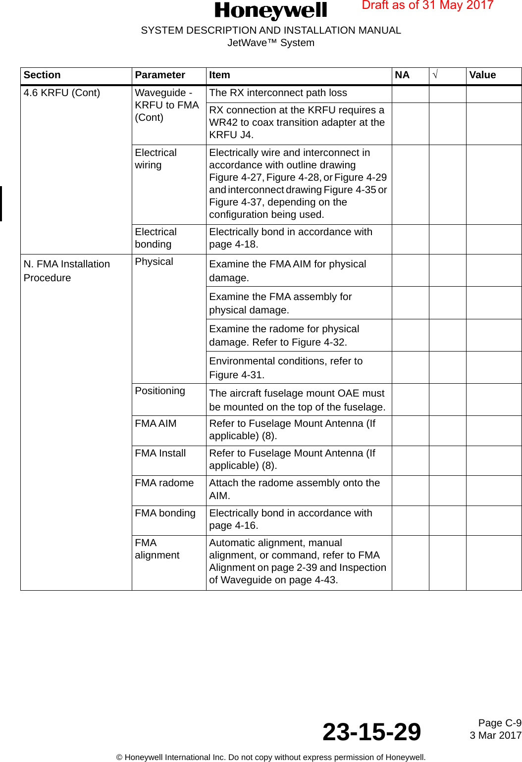 Page C-9 3 Mar 201723-15-29SYSTEM DESCRIPTION AND INSTALLATION MANUALJetWave™ System© Honeywell International Inc. Do not copy without express permission of Honeywell.4.6 KRFU (Cont) Waveguide - KRFU to FMA (Cont)The RX interconnect path lossRX connection at the KRFU requires a WR42 to coax transition adapter at the KRFU J4.Electrical wiring Electrically wire and interconnect in accordance with outline drawing Figure 4-27, Figure 4-28, or Figure 4-29 and interconnect drawing Figure 4-35 or Figure 4-37, depending on the configuration being used.Electrical bonding Electrically bond in accordance with page 4-18.N. FMA Installation ProcedurePhysical Examine the FMA AIM for physical damage.Examine the FMA assembly for physical damage.Examine the radome for physical damage. Refer to Figure 4-32.Environmental conditions, refer to Figure 4-31.Positioning The aircraft fuselage mount OAE must be mounted on the top of the fuselage.FMA AIM Refer to Fuselage Mount Antenna (If applicable) (8).FMA Install  Refer to Fuselage Mount Antenna (If applicable) (8).FMA radome Attach the radome assembly onto the AIM.FMA bonding Electrically bond in accordance with page 4-16.FMA alignment Automatic alignment, manual alignment, or command, refer to FMA Alignment on page 2-39 and Inspection of Waveguide on page 4-43.Section Parameter Item NA √ValueDraft as of 31 May 2017