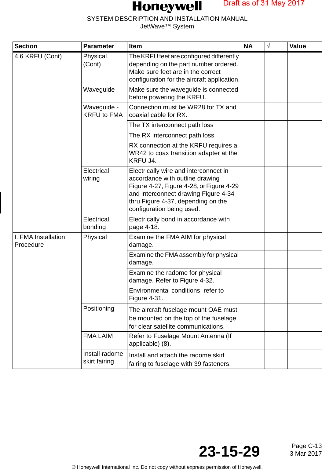 Page C-13 3 Mar 201723-15-29SYSTEM DESCRIPTION AND INSTALLATION MANUALJetWave™ System© Honeywell International Inc. Do not copy without express permission of Honeywell.4.6 KRFU (Cont) Physical (Cont) The KRFU feet are configured differently depending on the part number ordered. Make sure feet are in the correct configuration for the aircraft application.Waveguide Make sure the waveguide is connected before powering the KRFU.Waveguide - KRFU to FMA Connection must be WR28 for TX and coaxial cable for RX.The TX interconnect path lossThe RX interconnect path lossRX connection at the KRFU requires a WR42 to coax transition adapter at the KRFU J4.Electrical wiring Electrically wire and interconnect in accordance with outline drawing Figure 4-27, Figure 4-28, or Figure 4-29 and interconnect drawing Figure 4-34 thru Figure 4-37, depending on the configuration being used.Electrical bonding Electrically bond in accordance with page 4-18.I. FMA Installation Procedure Physical Examine the FMA AIM for physical damage.Examine the FMA assembly for physical damage.Examine the radome for physical damage. Refer to Figure 4-32.Environmental conditions, refer to Figure 4-31.Positioning The aircraft fuselage mount OAE must be mounted on the top of the fuselage for clear satellite communications.FMA LAIM Refer to Fuselage Mount Antenna (If applicable) (8).Install radome skirt fairing Install and attach the radome skirt fairing to fuselage with 39 fasteners.Section Parameter Item NA √ValueDraft as of 31 May 2017
