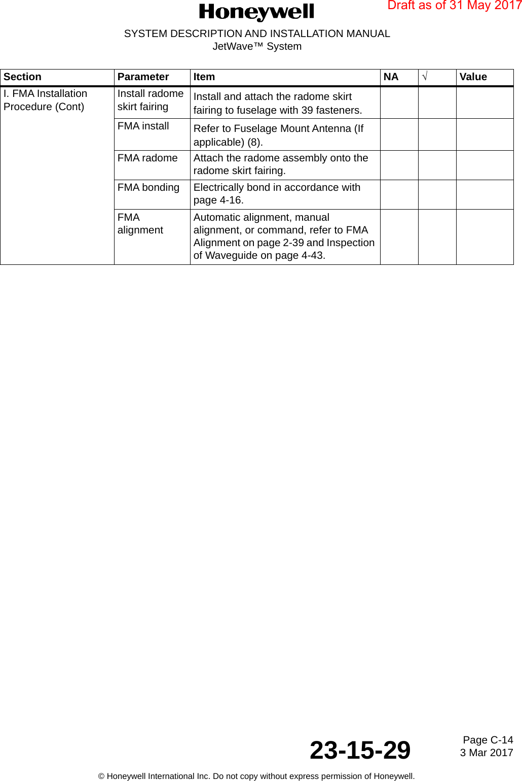 Page C-14 3 Mar 201723-15-29SYSTEM DESCRIPTION AND INSTALLATION MANUALJetWave™ System© Honeywell International Inc. Do not copy without express permission of Honeywell.I. FMA Installation Procedure (Cont) Install radome skirt fairing Install and attach the radome skirt fairing to fuselage with 39 fasteners.FMA install Refer to Fuselage Mount Antenna (If applicable) (8).FMA radome Attach the radome assembly onto the radome skirt fairing.FMA bonding Electrically bond in accordance with page 4-16.FMA alignment Automatic alignment, manual alignment, or command, refer to FMA Alignment on page 2-39 and Inspection of Waveguide on page 4-43.Section Parameter Item NA √ValueDraft as of 31 May 2017