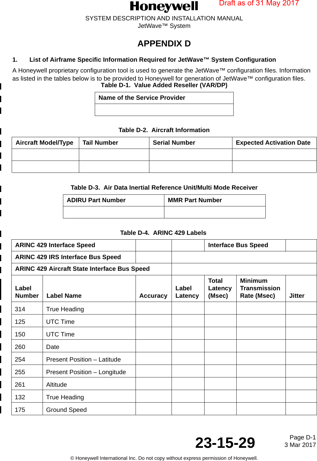 Page D-1 3 Mar 201723-15-29SYSTEM DESCRIPTION AND INSTALLATION MANUALJetWave™ System© Honeywell International Inc. Do not copy without express permission of Honeywell.APPENDIX D1. List of Airframe Specific Information Required for JetWave™ System ConfigurationA Honeywell proprietary configuration tool is used to generate the JetWave™ configuration files. Information as listed in the tables below is to be provided to Honeywell for generation of JetWave™ configuration files.Table D-1.  Value Added Reseller (VAR/DP)Name of the Service ProviderTable D-2.  Aircraft InformationAircraft Model/Type Tail Number Serial Number Expected Activation DateTable D-3.  Air Data Inertial Reference Unit/Multi Mode ReceiverADIRU Part Number MMR Part NumberTable D-4.  ARINC 429 Labels ARINC 429 Interface Speed Interface Bus SpeedARINC 429 IRS Interface Bus SpeedARINC 429 Aircraft State Interface Bus SpeedLabel Number Label Name Accuracy Label LatencyTotal Latency(Msec)Minimum Transmission Rate (Msec) Jitter314 True Heading125 UTC Time 150 UTC Time 260 Date 254 Present Position – Latitude 255 Present Position – Longitude 261 Altitude 132 True Heading 175 Ground SpeedDraft as of 31 May 2017