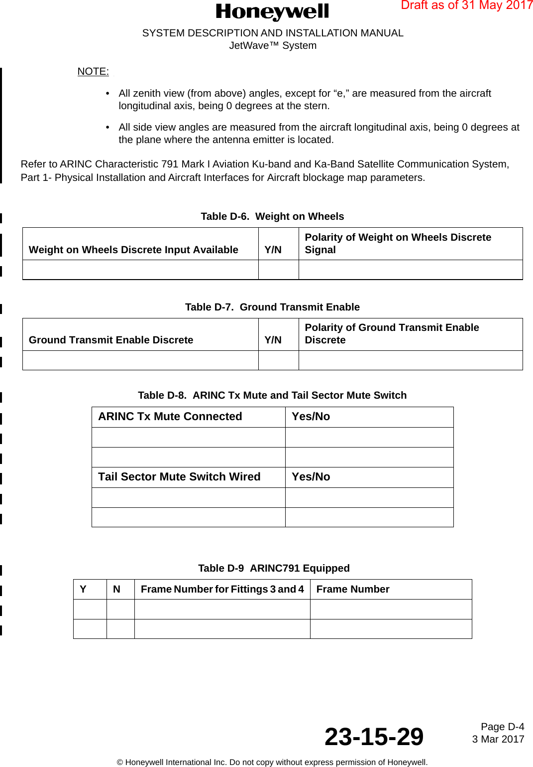 Page D-4 3 Mar 201723-15-29SYSTEM DESCRIPTION AND INSTALLATION MANUALJetWave™ System© Honeywell International Inc. Do not copy without express permission of Honeywell.NOTE:• All zenith view (from above) angles, except for “e,” are measured from the aircraft longitudinal axis, being 0 degrees at the stern.• All side view angles are measured from the aircraft longitudinal axis, being 0 degrees at the plane where the antenna emitter is located.Refer to ARINC Characteristic 791 Mark I Aviation Ku-band and Ka-Band Satellite Communication System, Part 1- Physical Installation and Aircraft Interfaces for Aircraft blockage map parameters.Table D-6.  Weight on WheelsWeight on Wheels Discrete Input Available Y/N Polarity of Weight on Wheels Discrete SignalTable D-7.  Ground Transmit EnableGround Transmit Enable Discrete Y/N Polarity of Ground Transmit Enable DiscreteTable D-8.  ARINC Tx Mute and Tail Sector Mute SwitchARINC Tx Mute Connected Yes/NoTail Sector Mute Switch Wired Yes/No Table D-9  ARINC791 EquippedY N Frame Number for Fittings 3 and 4 Frame NumberDraft as of 31 May 2017
