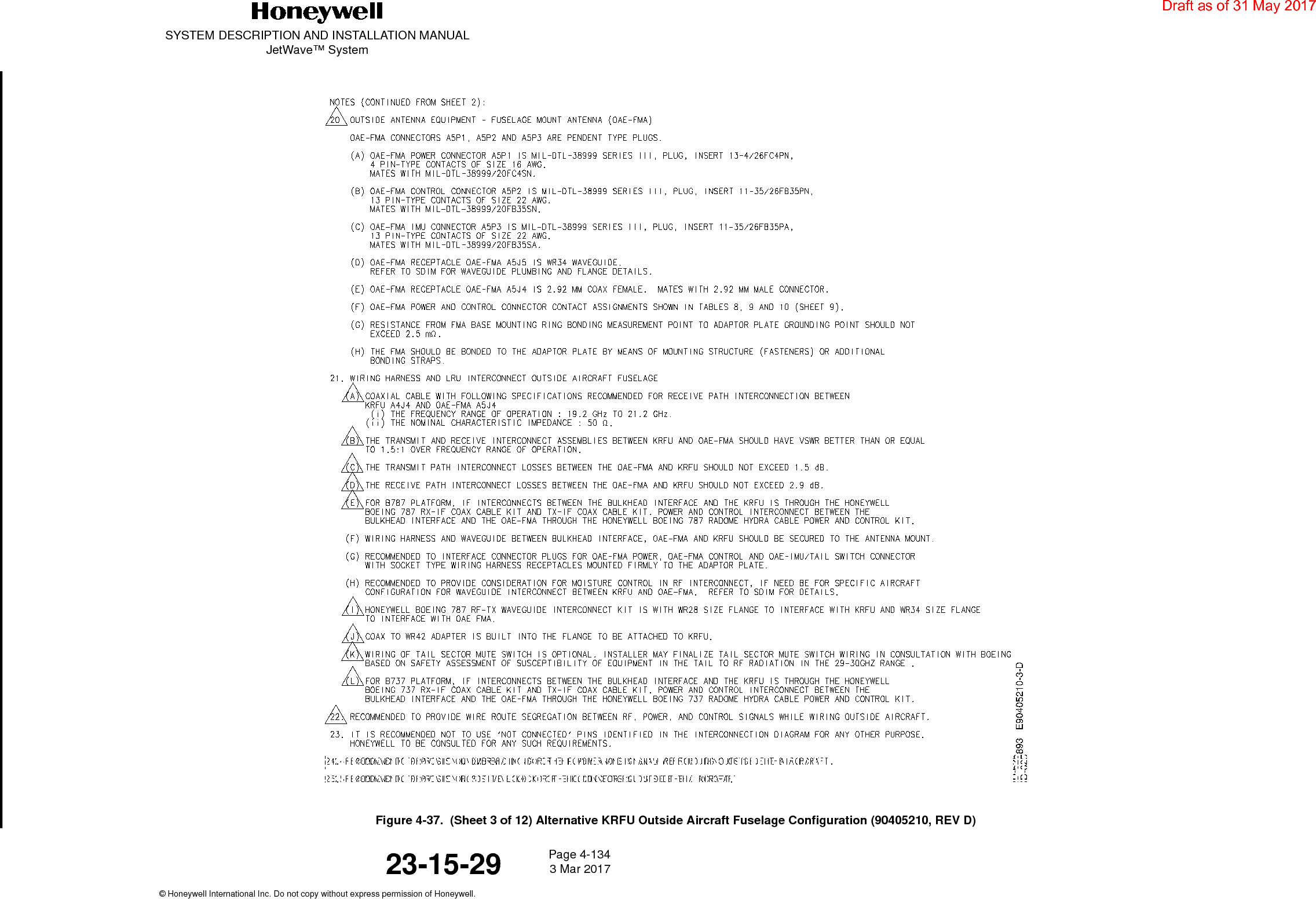 SYSTEM DESCRIPTION AND INSTALLATION MANUALJetWave™ SystemPage 4-134 3 Mar 2017© Honeywell International Inc. Do not copy without express permission of Honeywell.23-15-29Figure 4-37.  (Sheet 3 of 12) Alternative KRFU Outside Aircraft Fuselage Configuration (90405210, REV D)Draft as of 31 May 2017