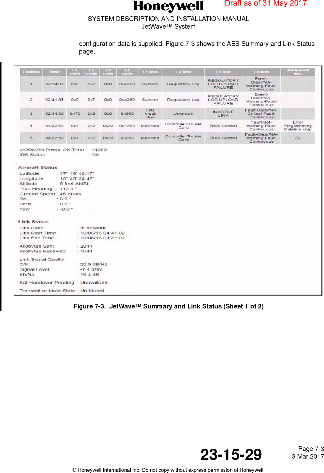 Page 7-3 3 Mar 201723-15-29SYSTEM DESCRIPTION AND INSTALLATION MANUALJetWave™ System© Honeywell International Inc. Do not copy without express permission of Honeywell.configuration data is supplied. Figure 7-3 shows the AES Summary and Link Status page.Figure 7-3.  JetWave™ Summary and Link Status (Sheet 1 of 2)Draft as of 31 May 2017