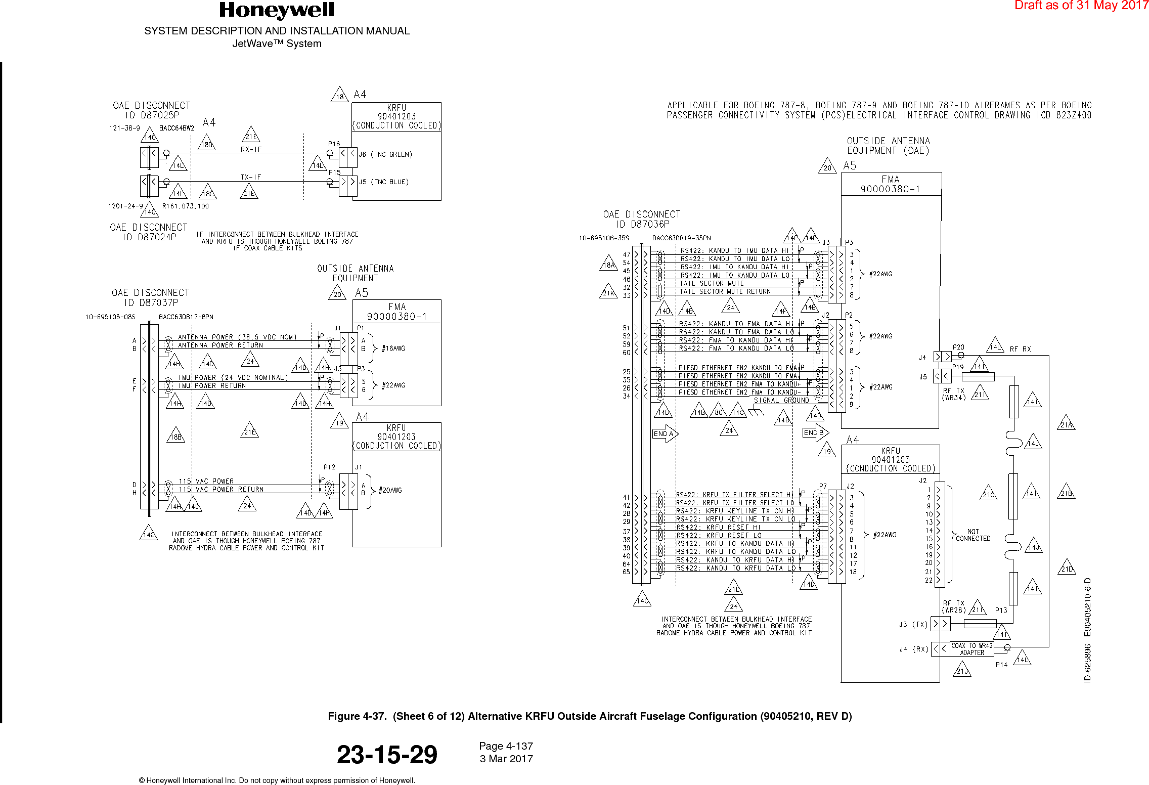 SYSTEM DESCRIPTION AND INSTALLATION MANUALJetWave™ SystemPage 4-137 3 Mar 2017© Honeywell International Inc. Do not copy without express permission of Honeywell.23-15-29Figure 4-37.  (Sheet 6 of 12) Alternative KRFU Outside Aircraft Fuselage Configuration (90405210, REV D)Draft as of 31 May 2017