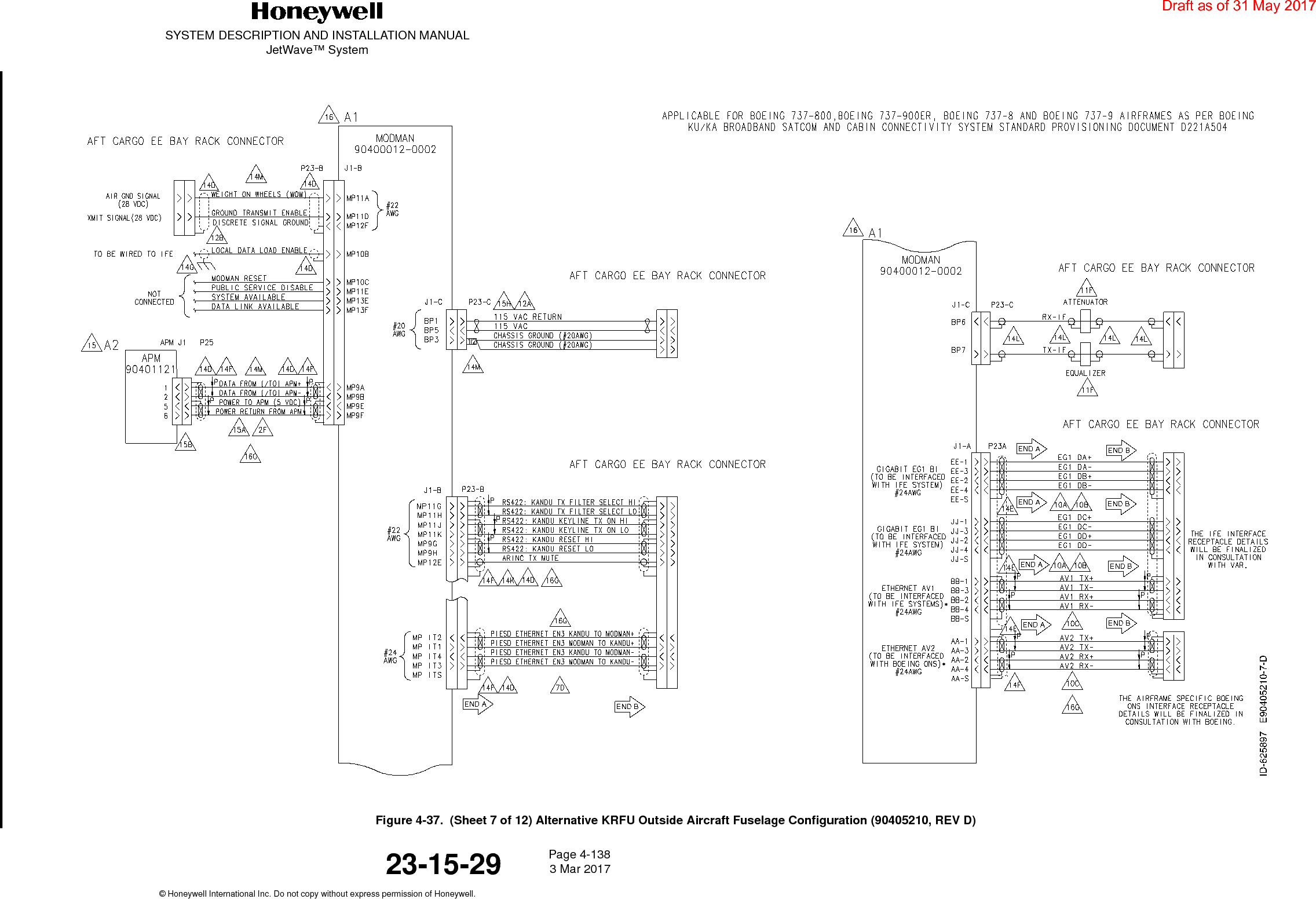 SYSTEM DESCRIPTION AND INSTALLATION MANUALJetWave™ SystemPage 4-138 3 Mar 2017© Honeywell International Inc. Do not copy without express permission of Honeywell.23-15-29Figure 4-37.  (Sheet 7 of 12) Alternative KRFU Outside Aircraft Fuselage Configuration (90405210, REV D)Draft as of 31 May 2017