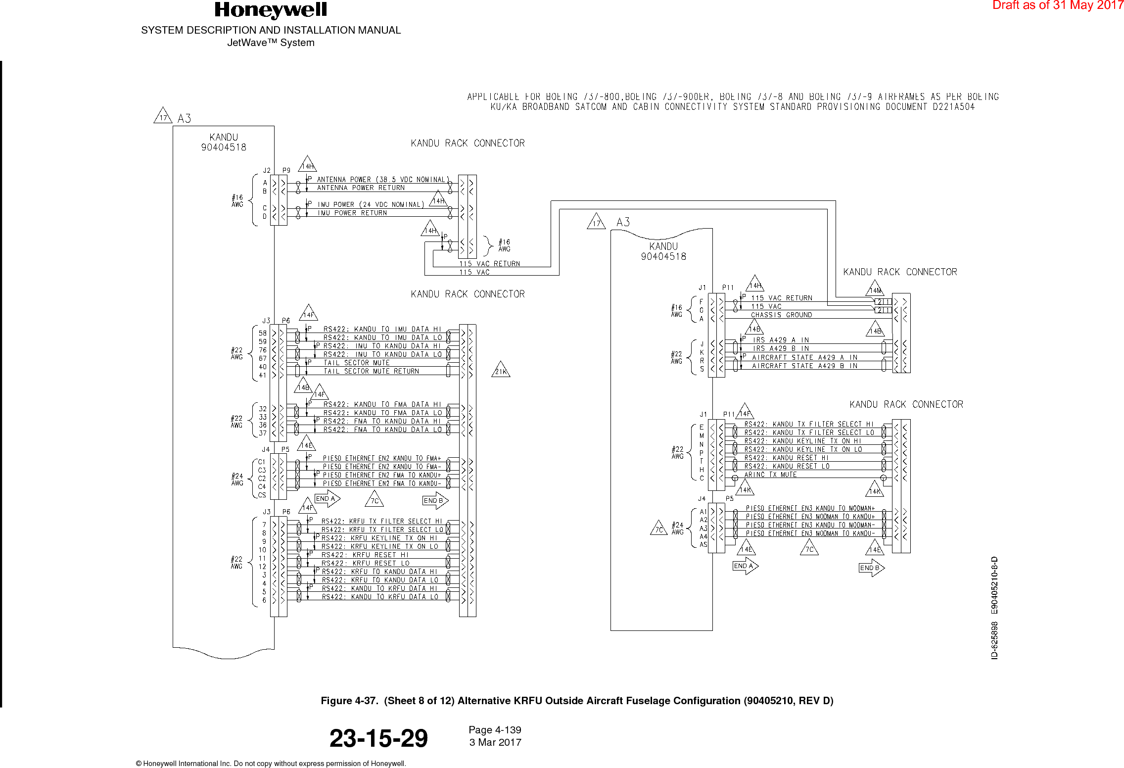 SYSTEM DESCRIPTION AND INSTALLATION MANUALJetWave™ SystemPage 4-139 3 Mar 2017© Honeywell International Inc. Do not copy without express permission of Honeywell.23-15-29Figure 4-37.  (Sheet 8 of 12) Alternative KRFU Outside Aircraft Fuselage Configuration (90405210, REV D)Draft as of 31 May 2017