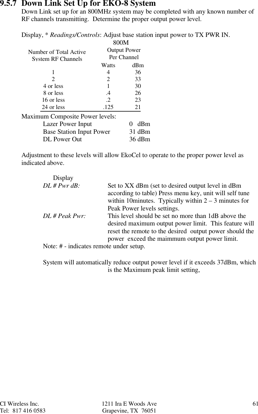 CI Wireless Inc. 1211 Ira E Woods Ave 61Tel:  817 416 0583 Grapevine, TX  760519.5.7 Down Link Set Up for EKO-8 SystemDown Link set up for an 800MHz system may be completed with any known number ofRF channels transmitting.  Determine the proper output power level.Display, * Readings/Controls: Adjust base station input power to TX PWR IN.   800MMaximum Composite Power levels:Lazer Power Input 0   dBmBase Station Input Power 31 dBmDL Power Out 36 dBmAdjustment to these levels will allow EkoCel to operate to the proper power level asindicated above.      DisplayDL # Pwr dB: Set to XX dBm (set to desired output level in dBmaccording to table) Press menu key, unit will self tunewithin 10minutes.  Typically within 2 – 3 minutes forPeak Power levels settings.DL # Peak Pwr: This level should be set no more than 1dB above thedesired maximum output power limit.  This feature willreset the remote to the desired  output power should thepower  exceed the maimmum output power limit.Note: # - indicates remote under setup.System will automatically reduce output power level if it exceeds 37dBm, whichis the Maximum peak limit setting,Number of Total ActiveSystem RF ChannelsOutput PowerPer ChannelWatts421.4.2.125dBm363330262321124 or less8 or less16 or less24 or less