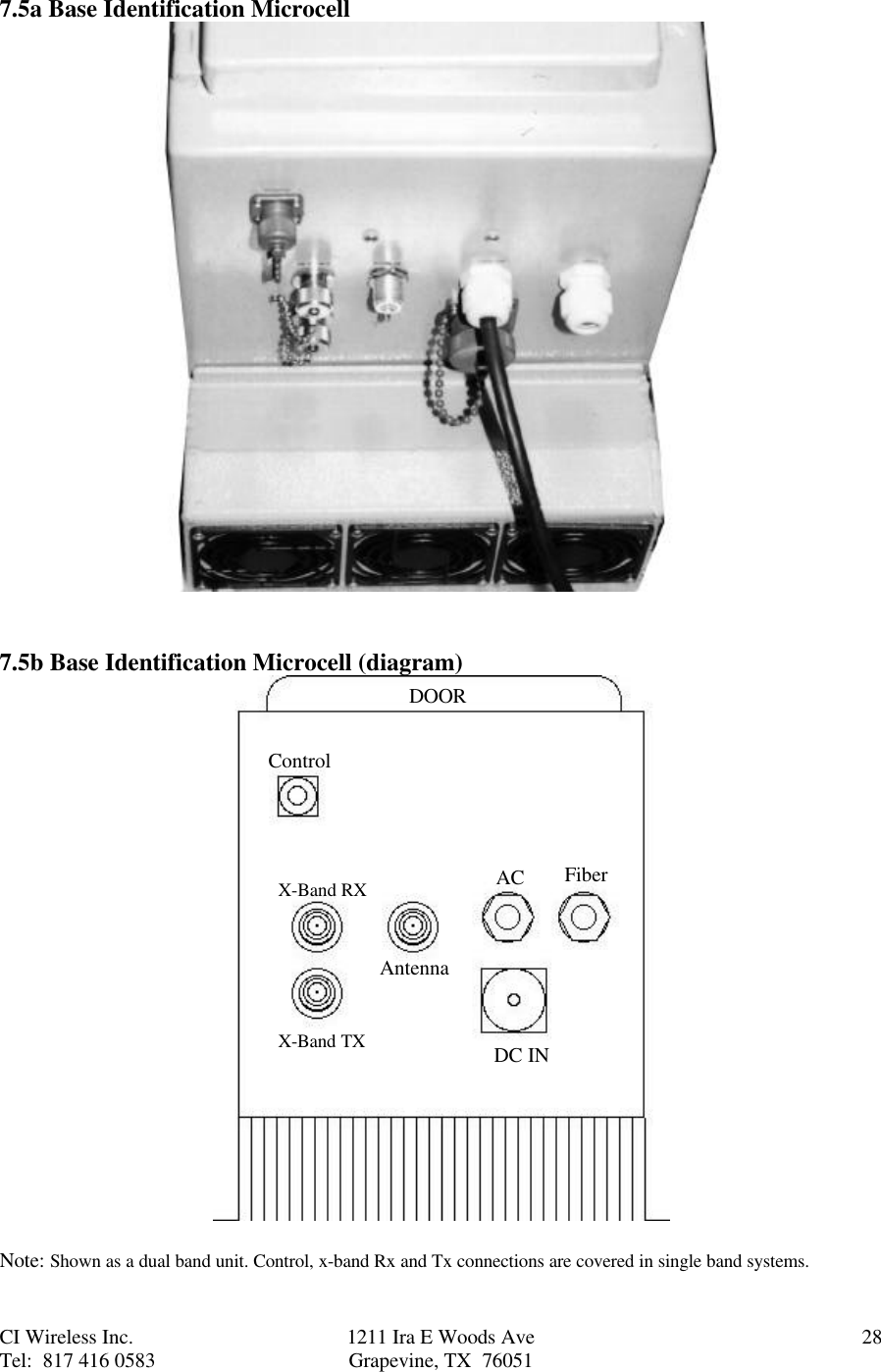 CI Wireless Inc. 1211 Ira E Woods Ave 28Tel:  817 416 0583 Grapevine, TX  760517.5a Base Identification Microcell  7.5b Base Identification Microcell (diagram)Note: Shown as a dual band unit. Control, x-band Rx and Tx connections are covered in single band systems.DC INX-Band TXX-Band RXAntennaACFiberControlDOOR