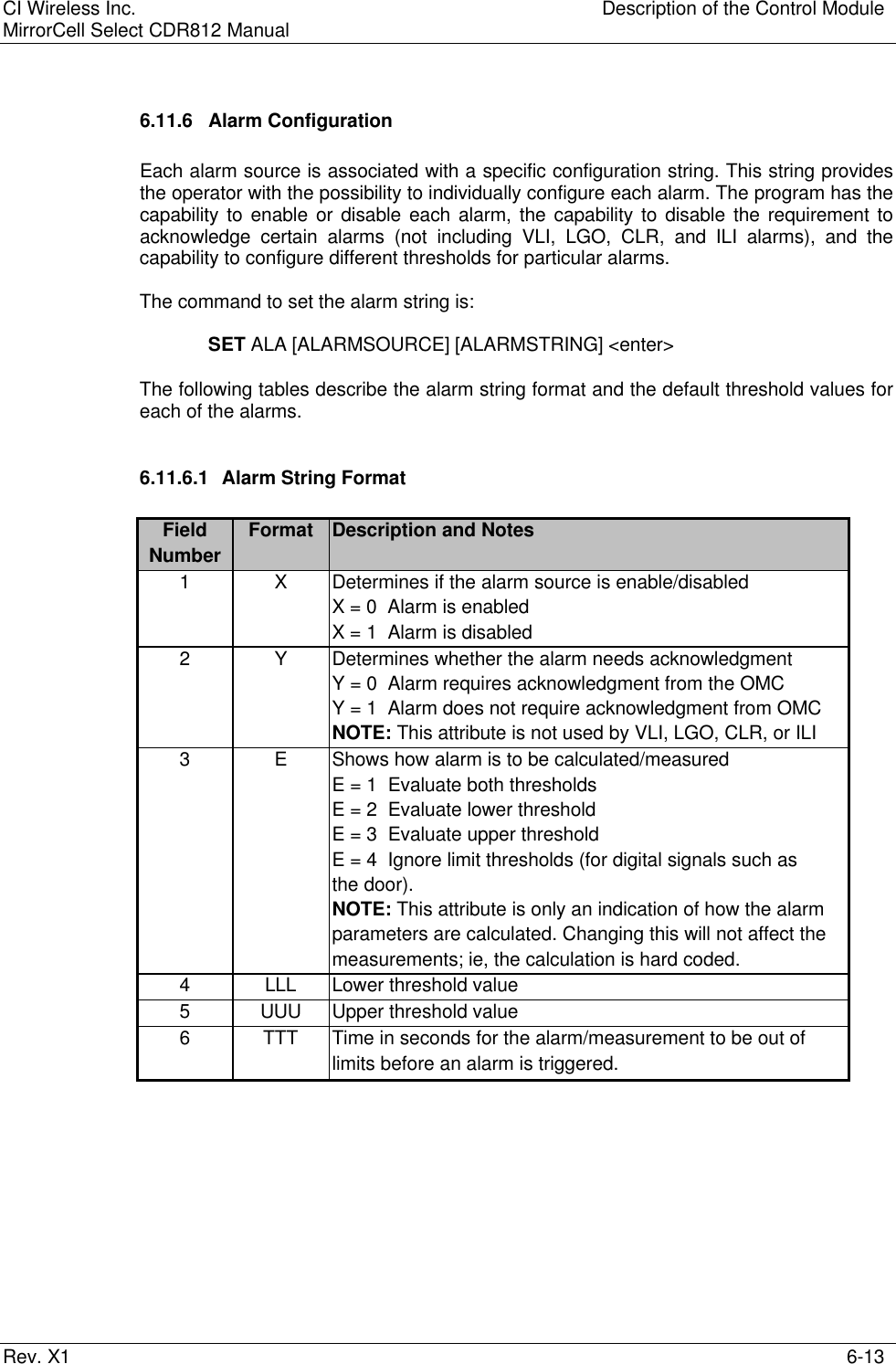 CI Wireless Inc. Description of the Control ModuleMirrorCell Select CDR812 ManualRev. X1 6-136.11.6 Alarm ConfigurationEach alarm source is associated with a specific configuration string. This string providesthe operator with the possibility to individually configure each alarm. The program has thecapability to enable or disable each alarm, the capability to disable the requirement toacknowledge certain alarms (not including VLI, LGO, CLR, and ILI alarms), and thecapability to configure different thresholds for particular alarms.The command to set the alarm string is:SET ALA [ALARMSOURCE] [ALARMSTRING] &lt;enter&gt;The following tables describe the alarm string format and the default threshold values foreach of the alarms.6.11.6.1 Alarm String FormatField Format Description and NotesNumber1XDetermines if the alarm source is enable/disabledX = 0  Alarm is enabledX = 1  Alarm is disabled2YDetermines whether the alarm needs acknowledgmentY = 0  Alarm requires acknowledgment from the OMCY = 1  Alarm does not require acknowledgment from OMCNOTE: This attribute is not used by VLI, LGO, CLR, or ILI3EShows how alarm is to be calculated/measuredE = 1  Evaluate both thresholdsE = 2  Evaluate lower thresholdE = 3  Evaluate upper thresholdE = 4  Ignore limit thresholds (for digital signals such asthe door).NOTE: This attribute is only an indication of how the alarmparameters are calculated. Changing this will not affect themeasurements; ie, the calculation is hard coded.4 LLL Lower threshold value5UUU Upper threshold value6TTT Time in seconds for the alarm/measurement to be out oflimits before an alarm is triggered.