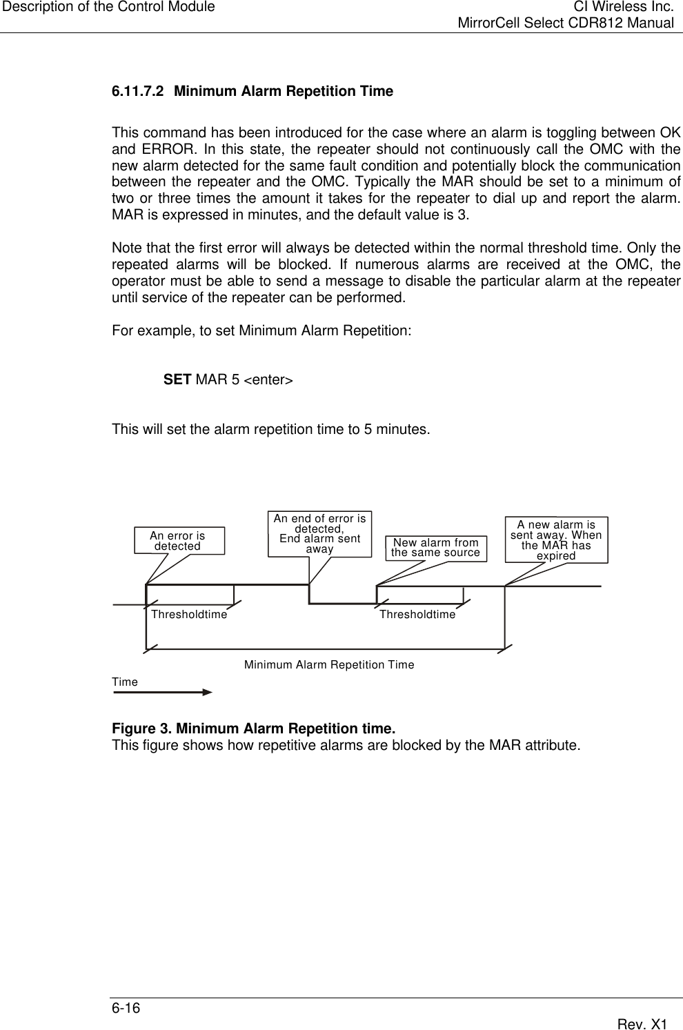 Description of the Control Module CI Wireless Inc.MirrorCell Select CDR812 Manual6-16 Rev. X16.11.7.2 Minimum Alarm Repetition TimeThis command has been introduced for the case where an alarm is toggling between OKand ERROR. In this state, the repeater should not continuously call the OMC with thenew alarm detected for the same fault condition and potentially block the communicationbetween the repeater and the OMC. Typically the MAR should be set to a minimum oftwo or three times the amount it takes for the repeater to dial up and report the alarm.MAR is expressed in minutes, and the default value is 3.Note that the first error will always be detected within the normal threshold time. Only therepeated alarms will be blocked. If numerous alarms are received at the OMC, theoperator must be able to send a message to disable the particular alarm at the repeateruntil service of the repeater can be performed.For example, to set Minimum Alarm Repetition:SET MAR 5 &lt;enter&gt;This will set the alarm repetition time to 5 minutes.Figure 3. Minimum Alarm Repetition time.This figure shows how repetitive alarms are blocked by the MAR attribute.An error isdetectedAn end of error is detected,End alarm sentawayNew alarm from the same sourceA new alarm issent away. Whenthe MAR has expiredThresholdtime ThresholdtimeTimeMinimum Alarm Repetition Time