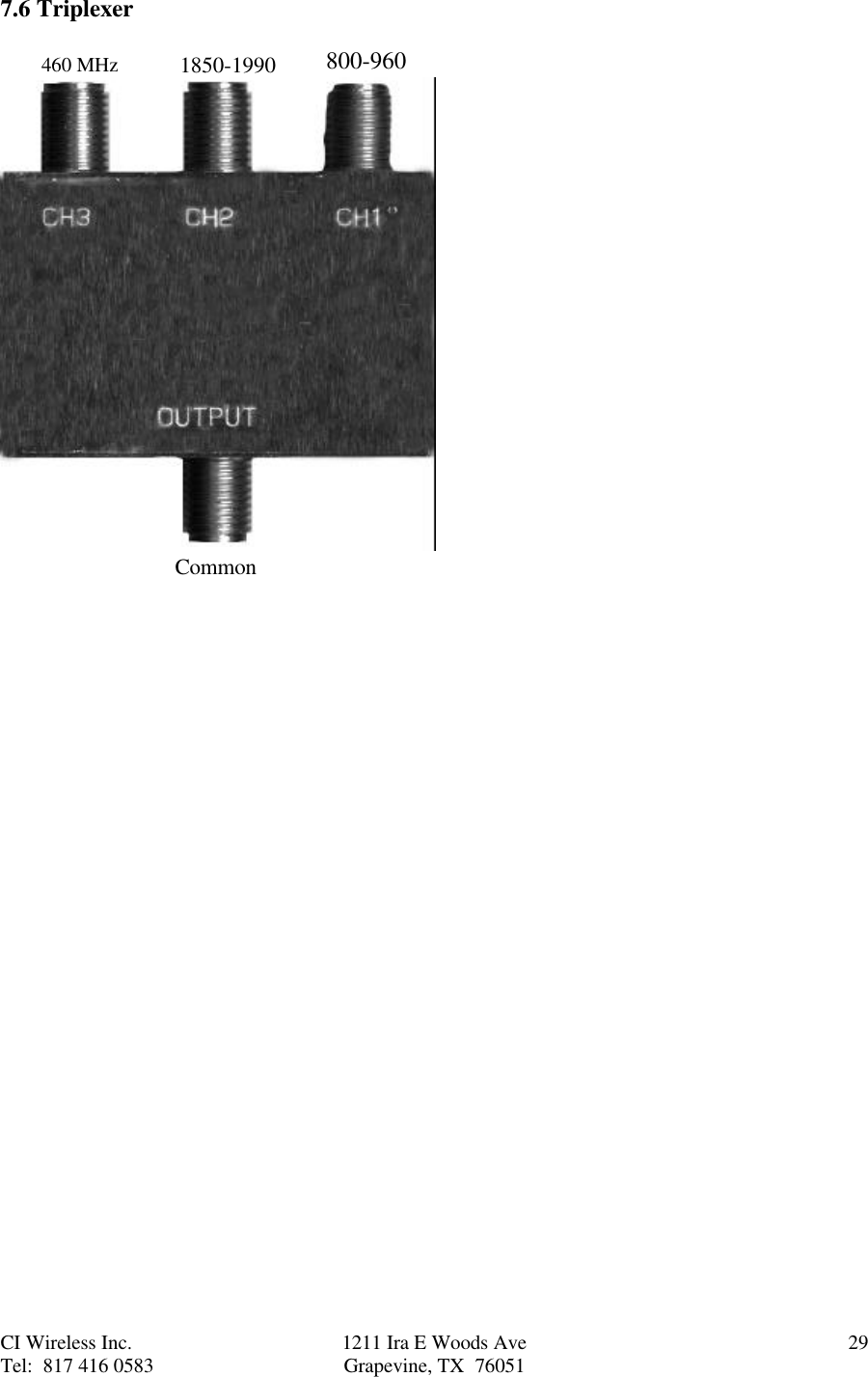 CI Wireless Inc. 1211 Ira E Woods Ave 29Tel:  817 416 0583 Grapevine, TX  760517.6 TriplexerCommon800-9601850-1990460 MHz