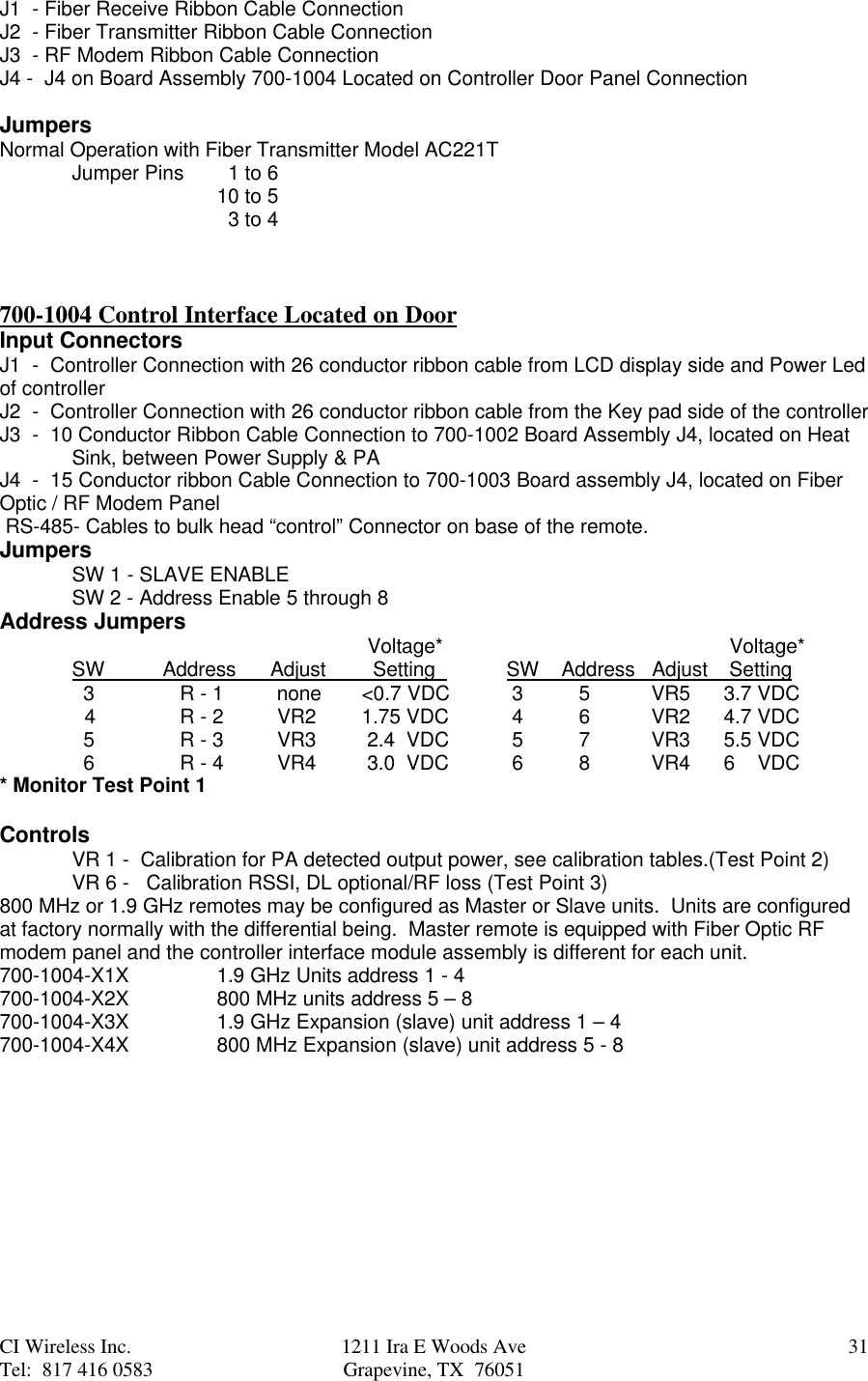 CI Wireless Inc. 1211 Ira E Woods Ave 31Tel:  817 416 0583 Grapevine, TX  76051J1  - Fiber Receive Ribbon Cable ConnectionJ2  - Fiber Transmitter Ribbon Cable ConnectionJ3  - RF Modem Ribbon Cable ConnectionJ4 -  J4 on Board Assembly 700-1004 Located on Controller Door Panel ConnectionJumpersNormal Operation with Fiber Transmitter Model AC221TJumper Pins    1 to 610 to 5  3 to 4700-1004 Control Interface Located on DoorInput ConnectorsJ1  -  Controller Connection with 26 conductor ribbon cable from LCD display side and Power Ledof controllerJ2  -  Controller Connection with 26 conductor ribbon cable from the Key pad side of the controllerJ3  -  10 Conductor Ribbon Cable Connection to 700-1002 Board Assembly J4, located on HeatSink, between Power Supply &amp; PAJ4  -  15 Conductor ribbon Cable Connection to 700-1003 Board assembly J4, located on FiberOptic / RF Modem Panel RS-485- Cables to bulk head “control” Connector on base of the remote.JumpersSW 1 - SLAVE ENABLESW 2 - Address Enable 5 through 8Address Jumpers     Voltage*  Voltage*SW          Address      Adjust         Setting   SW    Address   Adjust    Setting  3    R - 1  none &lt;0.7 VDC  3 5VR5 3.7 VDC  4   R - 2  VR2 1.75 VDC  4 6VR2     4.7 VDC  5    R - 3  VR3  2.4  VDC 5 7VR3 5.5 VDC  6    R - 4  VR4  3.0  VDC  6 8VR4 6    VDC* Monitor Test Point 1ControlsVR 1 -  Calibration for PA detected output power, see calibration tables.(Test Point 2)VR 6 -   Calibration RSSI, DL optional/RF loss (Test Point 3)800 MHz or 1.9 GHz remotes may be configured as Master or Slave units.  Units are configuredat factory normally with the differential being.  Master remote is equipped with Fiber Optic RFmodem panel and the controller interface module assembly is different for each unit.700-1004-X1X 1.9 GHz Units address 1 - 4700-1004-X2X 800 MHz units address 5 – 8700-1004-X3X  1.9 GHz Expansion (slave) unit address 1 – 4700-1004-X4X 800 MHz Expansion (slave) unit address 5 - 8