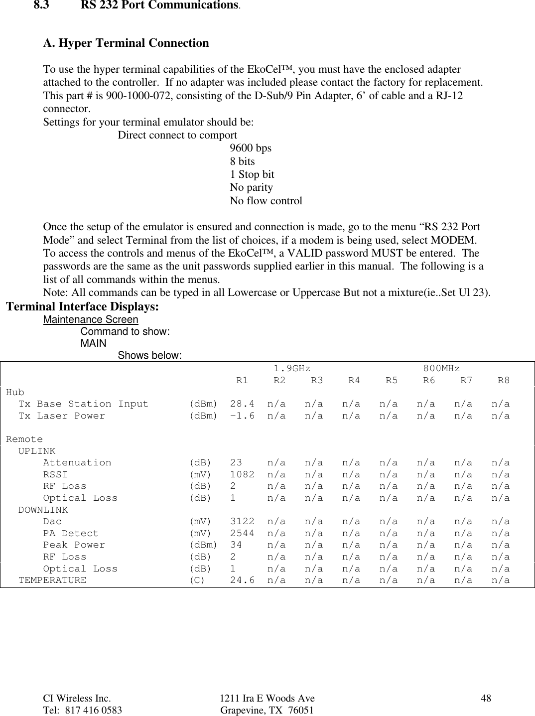 CI Wireless Inc. 1211 Ira E Woods Ave 48Tel:  817 416 0583 Grapevine, TX  760518.3 RS 232 Port Communications.A. Hyper Terminal ConnectionTo use the hyper terminal capabilities of the EkoCel™, you must have the enclosed adapterattached to the controller.  If no adapter was included please contact the factory for replacement.This part # is 900-1000-072, consisting of the D-Sub/9 Pin Adapter, 6’ of cable and a RJ-12connector.Settings for your terminal emulator should be:Direct connect to comport9600 bps8 bits1 Stop bitNo parityNo flow controlOnce the setup of the emulator is ensured and connection is made, go to the menu “RS 232 PortMode” and select Terminal from the list of choices, if a modem is being used, select MODEM.To access the controls and menus of the EkoCel™, a VALID password MUST be entered.  Thepasswords are the same as the unit passwords supplied earlier in this manual.  The following is alist of all commands within the menus.Note: All commands can be typed in all Lowercase or Uppercase But not a mixture(ie..Set Ul 23).Terminal Interface Displays:Maintenance ScreenCommand to show:MAIN Shows below: 1.9GHz  800MHz R1  R2  R3   R4  R5  R6  R7  R8Hub  Tx Base Station Input  (dBm) 28.4 n/a n/a n/a n/a n/a n/a n/a  Tx Laser Power (dBm) -1.6 n/a n/a n/a n/a n/a n/a n/aRemote  UPLINKAttenuation (dB) 23 n/a n/a n/a n/a n/a n/a n/aRSSI (mV) 1082 n/a n/a n/a n/a n/a n/a n/aRF Loss (dB) 2 n/a n/a n/a n/a n/a n/a n/aOptical Loss (dB) 1 n/a n/a n/a n/a n/a n/a n/a  DOWNLINKDac (mV) 3122 n/a n/a n/a n/a n/a n/a n/aPA Detect (mV) 2544 n/a n/a n/a n/a n/a n/a n/aPeak Power (dBm) 34 n/a n/a n/a n/a n/a n/a n/aRF Loss (dB) 2 n/a n/a n/a n/a n/a n/a n/aOptical Loss (dB) 1 n/a n/a n/a n/a n/a n/a n/a  TEMPERATURE (C) 24.6 n/a n/a n/a n/a n/a n/a n/a