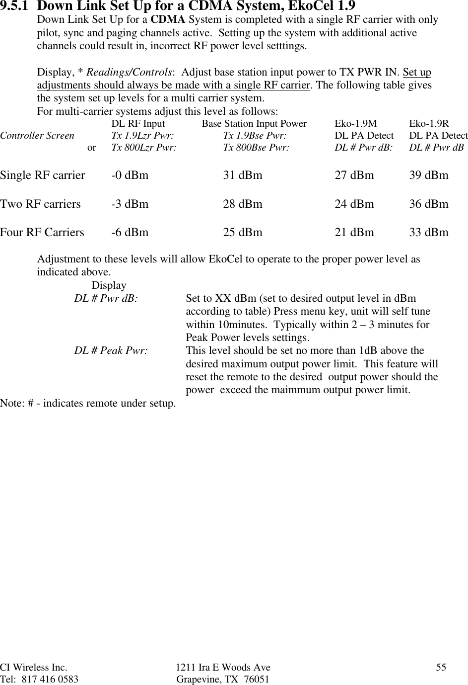 CI Wireless Inc. 1211 Ira E Woods Ave 55Tel:  817 416 0583 Grapevine, TX  760519.5.1 Down Link Set Up for a CDMA System, EkoCel 1.9Down Link Set Up for a CDMA System is completed with a single RF carrier with onlypilot, sync and paging channels active.  Setting up the system with additional activechannels could result in, incorrect RF power level setttings.Display, * Readings/Controls:  Adjust base station input power to TX PWR IN. Set upadjustments should always be made with a single RF carrier. The following table givesthe system set up levels for a multi carrier system.For multi-carrier systems adjust this level as follows:   DL RF Input       Base Station Input Power Eko-1.9M Eko-1.9RController Screen Tx 1.9Lzr Pwr:     Tx 1.9Bse Pwr: DL PA Detect DL PA Detect     or Tx 800Lzr Pwr:     Tx 800Bse Pwr: DL # Pwr dB: DL # Pwr dBSingle RF carrier -0 dBm 31 dBm 27 dBm 39 dBmTwo RF carriers -3 dBm 28 dBm 24 dBm 36 dBmFour RF Carriers -6 dBm 25 dBm 21 dBm  33 dBmAdjustment to these levels will allow EkoCel to operate to the proper power level asindicated above.      DisplayDL # Pwr dB: Set to XX dBm (set to desired output level in dBmaccording to table) Press menu key, unit will self tunewithin 10minutes.  Typically within 2 – 3 minutes forPeak Power levels settings.DL # Peak Pwr: This level should be set no more than 1dB above thedesired maximum output power limit.  This feature willreset the remote to the desired  output power should thepower  exceed the maimmum output power limit.Note: # - indicates remote under setup.