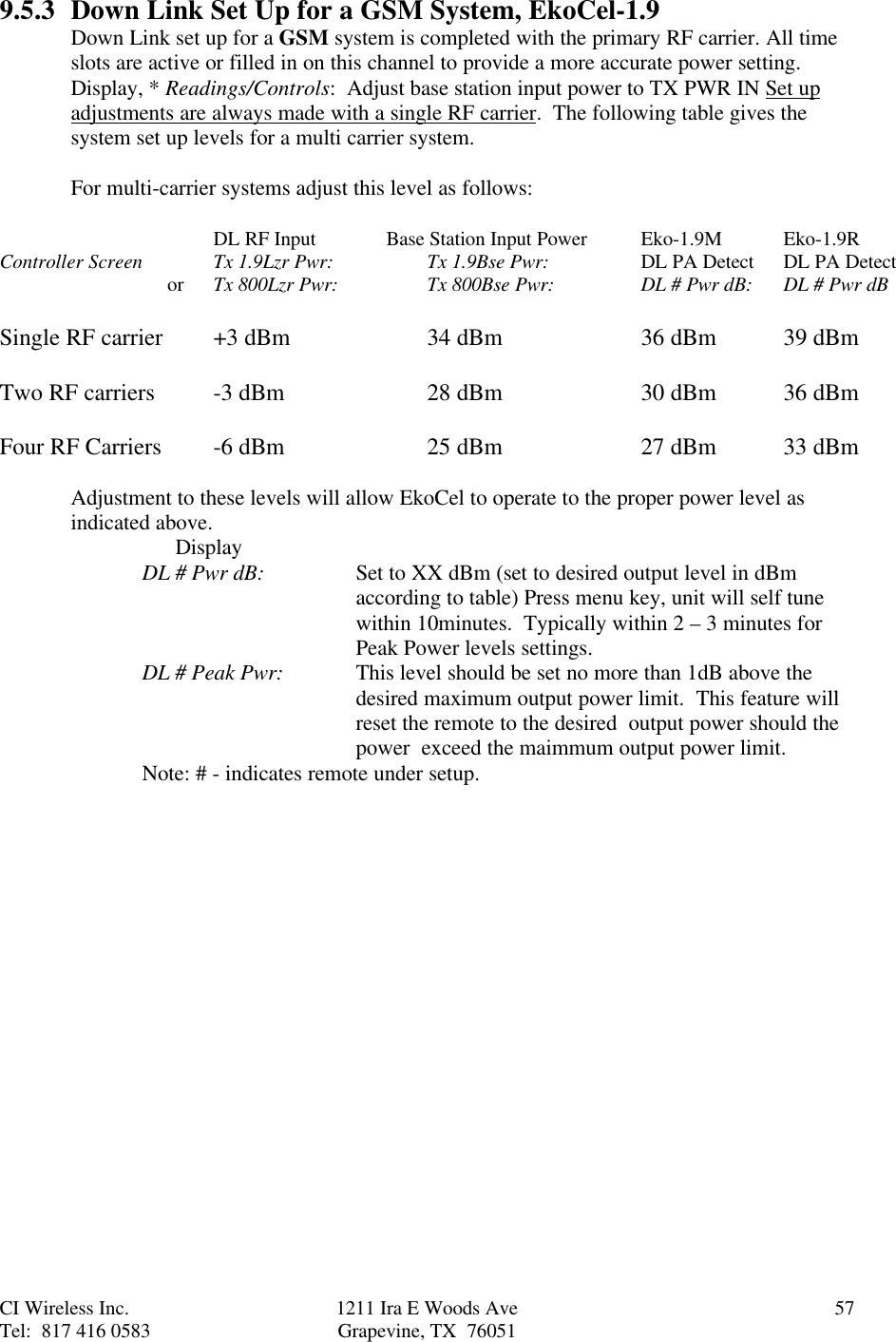CI Wireless Inc. 1211 Ira E Woods Ave 57Tel:  817 416 0583 Grapevine, TX  760519.5.3 Down Link Set Up for a GSM System, EkoCel-1.9Down Link set up for a GSM system is completed with the primary RF carrier. All timeslots are active or filled in on this channel to provide a more accurate power setting.Display, * Readings/Controls:  Adjust base station input power to TX PWR IN Set upadjustments are always made with a single RF carrier.  The following table gives thesystem set up levels for a multi carrier system.For multi-carrier systems adjust this level as follows:   DL RF Input       Base Station Input Power Eko-1.9M Eko-1.9RController Screen Tx 1.9Lzr Pwr:     Tx 1.9Bse Pwr: DL PA Detect DL PA Detect     or Tx 800Lzr Pwr:     Tx 800Bse Pwr: DL # Pwr dB: DL # Pwr dBSingle RF carrier +3 dBm 34 dBm 36 dBm 39 dBmTwo RF carriers -3 dBm 28 dBm 30 dBm 36 dBmFour RF Carriers -6 dBm 25 dBm 27 dBm  33 dBmAdjustment to these levels will allow EkoCel to operate to the proper power level asindicated above.      DisplayDL # Pwr dB: Set to XX dBm (set to desired output level in dBmaccording to table) Press menu key, unit will self tunewithin 10minutes.  Typically within 2 – 3 minutes forPeak Power levels settings.DL # Peak Pwr: This level should be set no more than 1dB above thedesired maximum output power limit.  This feature willreset the remote to the desired  output power should thepower  exceed the maimmum output power limit.Note: # - indicates remote under setup.