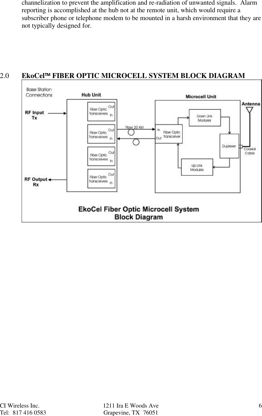 CI Wireless Inc. 1211 Ira E Woods Ave 6Tel:  817 416 0583 Grapevine, TX  76051channelization to prevent the amplification and re-radiation of unwanted signals.  Alarmreporting is accomplished at the hub not at the remote unit, which would require asubscriber phone or telephone modem to be mounted in a harsh environment that they arenot typically designed for.2.0 EkoCel FIBER OPTIC MICROCELL SYSTEM BLOCK DIAGRAM