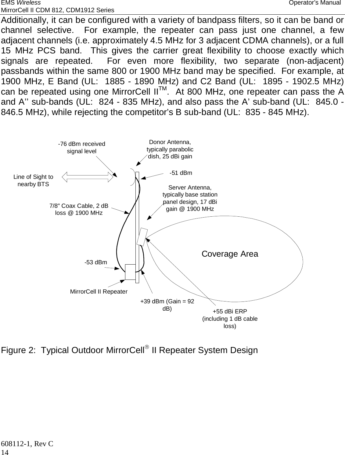 EMS Wireless Operator’s Manual MirrorCell II CDM 812, CDM1912 Series 608112-1, Rev C 14 Additionally, it can be configured with a variety of bandpass filters, so it can be band or channel selective.  For example, the repeater can pass just one channel, a few adjacent channels (i.e. approximately 4.5 MHz for 3 adjacent CDMA channels), or a full 15 MHz PCS band.  This gives the carrier great flexibility to choose exactly which signals are repeated.  For even more flexibility, two separate (non-adjacent) passbands within the same 800 or 1900 MHz band may be specified.  For example, at 1900 MHz, E Band (UL:  1885 - 1890 MHz) and C2 Band (UL:  1895 - 1902.5 MHz) can be repeated using one MirrorCell IITM.  At 800 MHz, one repeater can pass the A and A’’ sub-bands (UL:  824 - 835 MHz), and also pass the A’ sub-band (UL:  845.0 - 846.5 MHz), while rejecting the competitor’s B sub-band (UL:  835 - 845 MHz).   Line of Sight tonearby BTSMirrorCell II RepeaterDonor Antenna,typically parabolicdish, 25 dBi gainServer Antenna,typically base stationpanel design, 17 dBigain @ 1900 MHz-53 dBm+39 dBm (Gain = 92dB)-51 dBm-76 dBm receivedsignal levelCoverage Area7/8&quot; Coax Cable, 2 dBloss @ 1900 MHz+55 dBi ERP(including 1 dB cableloss) Figure 2:  Typical Outdoor MirrorCell II Repeater System Design 