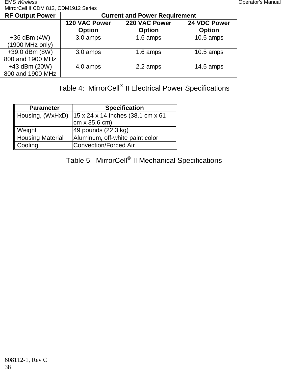 EMS Wireless Operator’s Manual MirrorCell II CDM 812, CDM1912 Series 608112-1, Rev C 38 RF Output Power  Current and Power Requirement  120 VAC Power Option  220 VAC Power Option  24 VDC Power Option +36 dBm (4W) (1900 MHz only)  3.0 amps  1.6 amps  10.5 amps +39.0 dBm (8W) 800 and 1900 MHz  3.0 amps  1.6 amps  10.5 amps +43 dBm (20W) 800 and 1900 MHz  4.0 amps  2.2 amps  14.5 amps  Table 4:  MirrorCell II Electrical Power Specifications   Parameter Specification Housing, (WxHxD)  15 x 24 x 14 inches (38.1 cm x 61 cm x 35.6 cm) Weight  49 pounds (22.3 kg) Housing Material  Aluminum, off-white paint color Cooling Convection/Forced Air  Table 5:  MirrorCell II Mechanical Specifications  