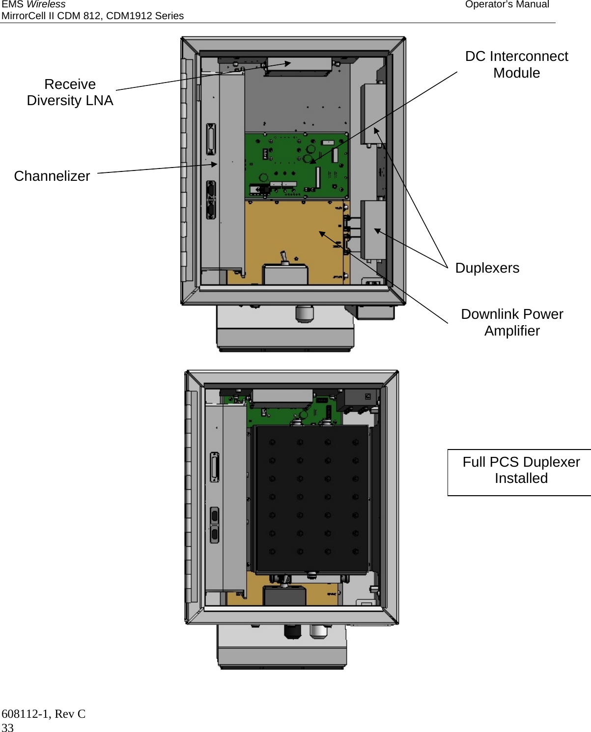 EMS Wireless Operator’s Manual MirrorCell II CDM 812, CDM1912 Series 608112-1, Rev C 33                                             Channelizer Downlink Power Amplifier Duplexers DC Interconnect Module Receive Diversity LNA Full PCS Duplexer Installed 