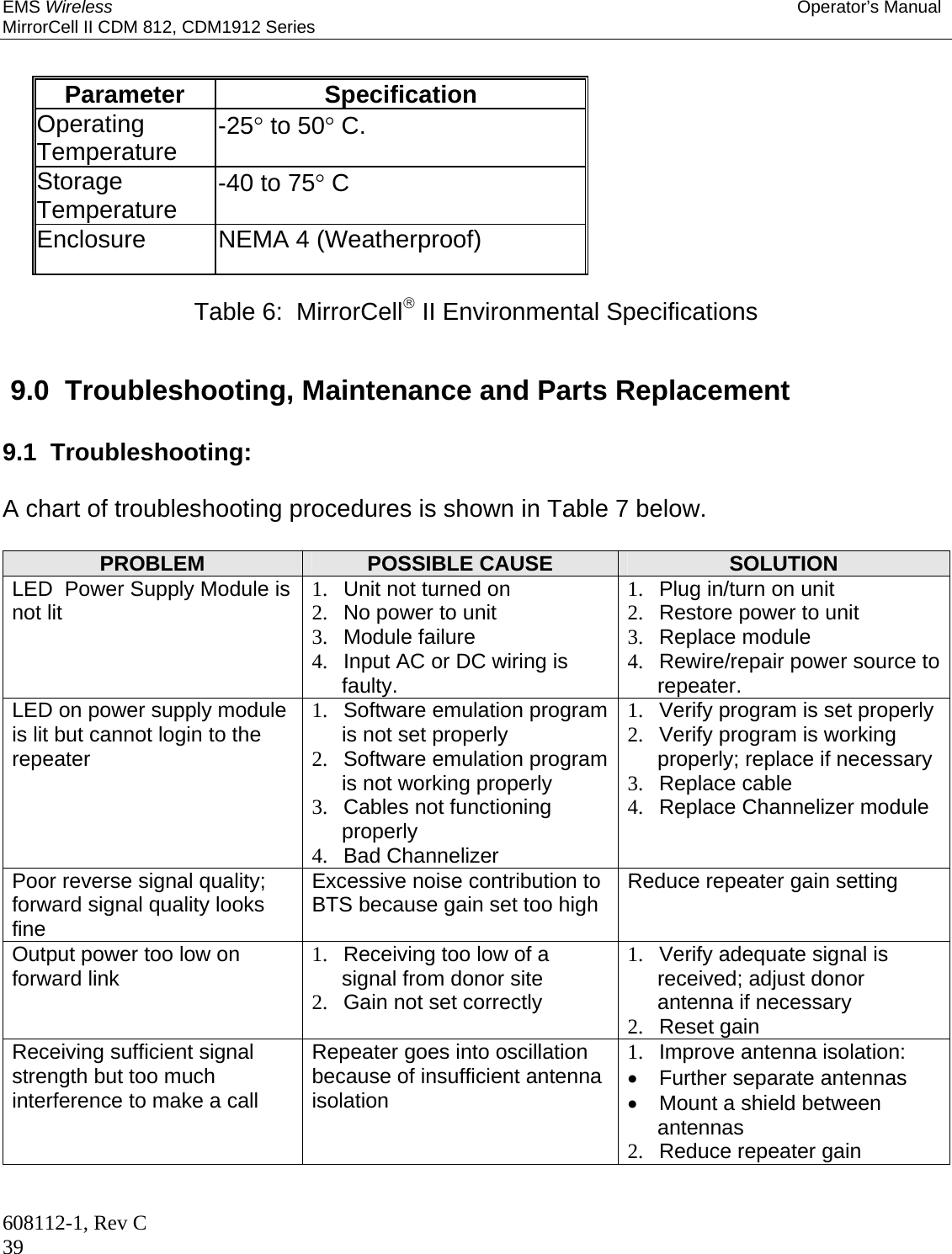 EMS Wireless Operator’s Manual MirrorCell II CDM 812, CDM1912 Series 608112-1, Rev C 39  Parameter Specification Operating Temperature  -25 to 50 C.  Storage Temperature  -40 to 75 C Enclosure  NEMA 4 (Weatherproof)  Table 6:  MirrorCell II Environmental Specifications   9.0  Troubleshooting, Maintenance and Parts Replacement 9.1  Troubleshooting:  A chart of troubleshooting procedures is shown in Table 7 below.  PROBLEM  POSSIBLE CAUSE  SOLUTION LED  Power Supply Module is not lit  1.  Unit not turned on 2.  No power to unit 3. Module failure 4.  Input AC or DC wiring is faulty. 1.  Plug in/turn on unit 2.  Restore power to unit 3. Replace module 4.  Rewire/repair power source to repeater. LED on power supply module is lit but cannot login to the repeater 1.  Software emulation program is not set properly 2.  Software emulation program is not working properly 3.  Cables not functioning properly 4. Bad Channelizer 1.  Verify program is set properly 2.  Verify program is working properly; replace if necessary 3. Replace cable 4.  Replace Channelizer module Poor reverse signal quality; forward signal quality looks fine Excessive noise contribution to BTS because gain set too high  Reduce repeater gain setting Output power too low on forward link  1.  Receiving too low of a signal from donor site 2.  Gain not set correctly 1.  Verify adequate signal is received; adjust donor antenna if necessary 2. Reset gain Receiving sufficient signal strength but too much interference to make a call Repeater goes into oscillation because of insufficient antenna isolation 1.  Improve antenna isolation:    Further separate antennas    Mount a shield between antennas 2.  Reduce repeater gain  