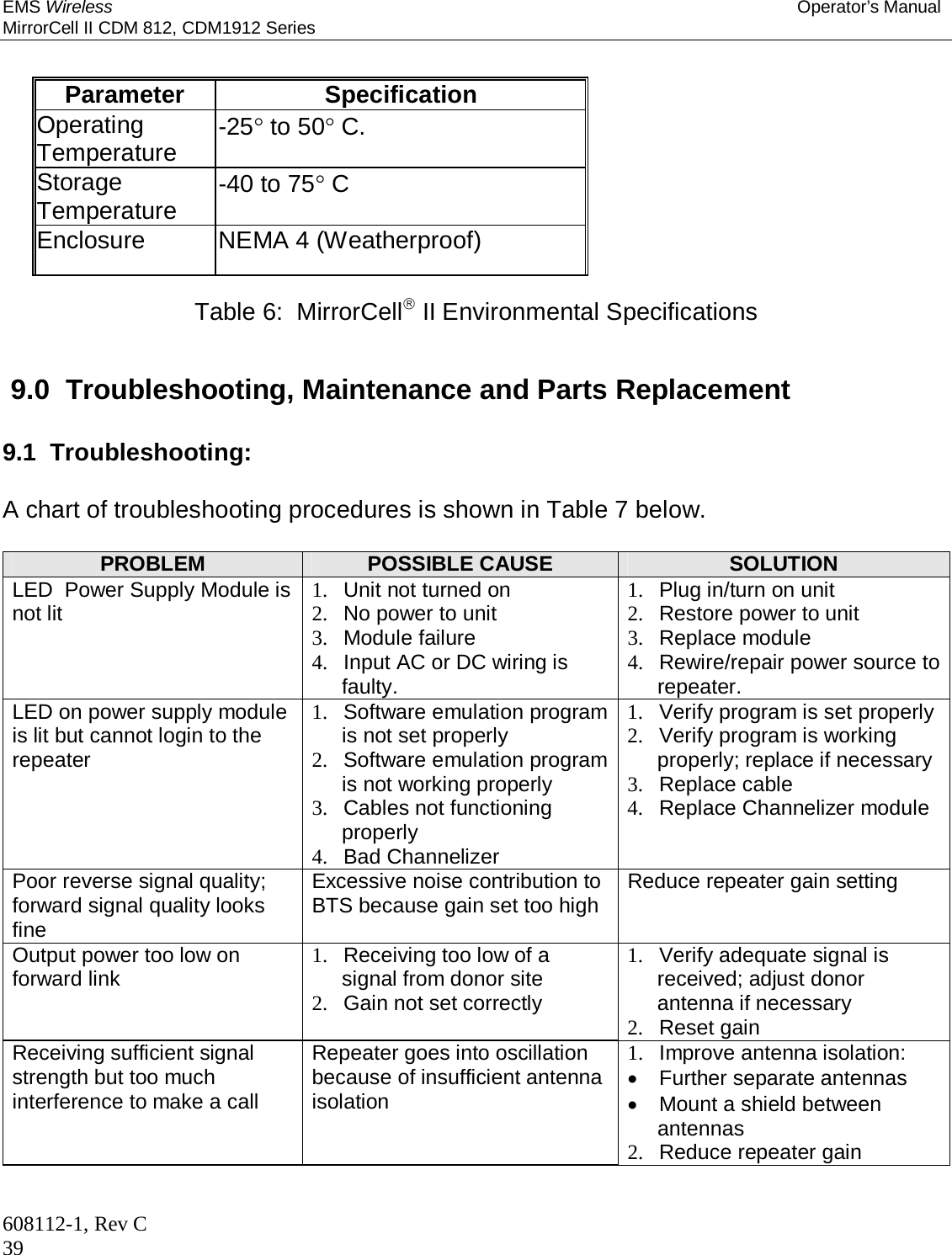 EMS Wireless Operator’s Manual MirrorCell II CDM 812, CDM1912 Series 608112-1, Rev C 39  Parameter Specification Operating Temperature  -25 to 50 C.  Storage Temperature  -40 to 75 C Enclosure NEMA 4 (Weatherproof)  Table 6:  MirrorCell II Environmental Specifications   9.0  Troubleshooting, Maintenance and Parts Replacement 9.1  Troubleshooting:  A chart of troubleshooting procedures is shown in Table 7 below.  PROBLEM  POSSIBLE CAUSE  SOLUTION LED  Power Supply Module is not lit  1.  Unit not turned on 2.  No power to unit 3. Module failure 4.  Input AC or DC wiring is faulty. 1.  Plug in/turn on unit 2.  Restore power to unit 3. Replace module 4.  Rewire/repair power source to repeater. LED on power supply module is lit but cannot login to the repeater 1.  Software emulation program is not set properly 2.  Software emulation program is not working properly 3. Cables not functioning properly 4. Bad Channelizer 1.  Verify program is set properly 2.  Verify program is working properly; replace if necessary 3. Replace cable 4.  Replace Channelizer module Poor reverse signal quality; forward signal quality looks fine Excessive noise contribution to BTS because gain set too high  Reduce repeater gain setting Output power too low on forward link  1.  Receiving too low of a signal from donor site 2.  Gain not set correctly 1.  Verify adequate signal is received; adjust donor antenna if necessary 2. Reset gain Receiving sufficient signal strength but too much interference to make a call Repeater goes into oscillation because of insufficient antenna isolation 1.  Improve antenna isolation:    Further separate antennas    Mount a shield between antennas 2.  Reduce repeater gain  