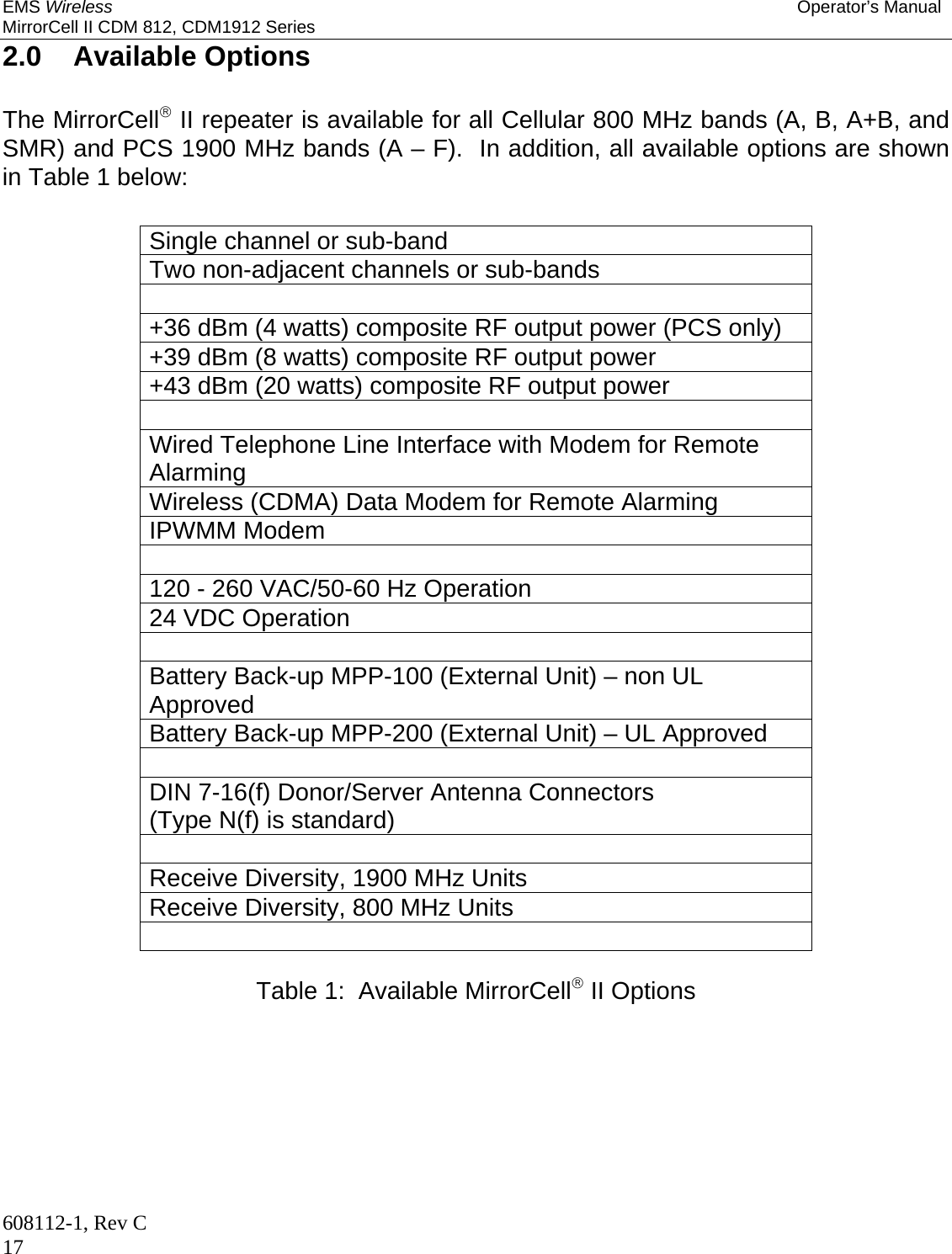 EMS Wireless Operator’s Manual MirrorCell II CDM 812, CDM1912 Series 608112-1, Rev C 17 2.0   Available Options  The MirrorCell II repeater is available for all Cellular 800 MHz bands (A, B, A+B, and SMR) and PCS 1900 MHz bands (A – F).  In addition, all available options are shown in Table 1 below:  Single channel or sub-band Two non-adjacent channels or sub-bands  +36 dBm (4 watts) composite RF output power (PCS only) +39 dBm (8 watts) composite RF output power +43 dBm (20 watts) composite RF output power  Wired Telephone Line Interface with Modem for Remote Alarming Wireless (CDMA) Data Modem for Remote Alarming IPWMM Modem  120 - 260 VAC/50-60 Hz Operation 24 VDC Operation  Battery Back-up MPP-100 (External Unit) – non UL Approved Battery Back-up MPP-200 (External Unit) – UL Approved  DIN 7-16(f) Donor/Server Antenna Connectors (Type N(f) is standard)  Receive Diversity, 1900 MHz Units Receive Diversity, 800 MHz Units   Table 1:  Available MirrorCell II Options 