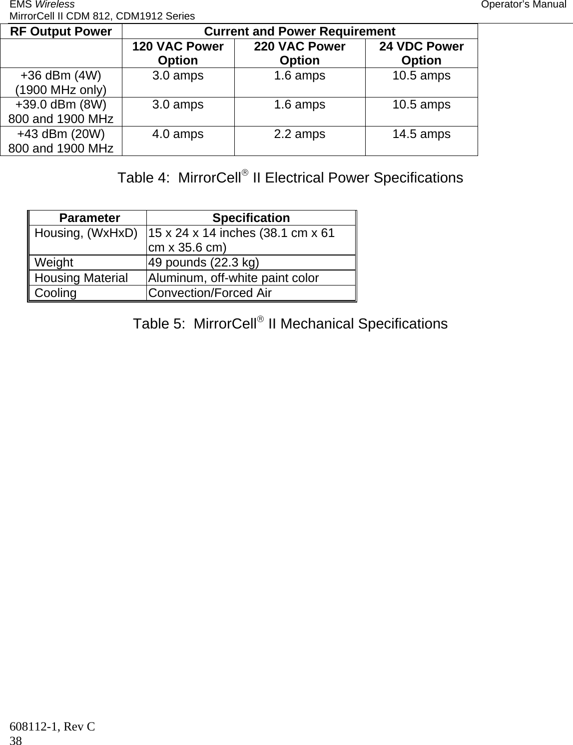 EMS Wireless Operator’s Manual MirrorCell II CDM 812, CDM1912 Series 608112-1, Rev C 38 RF Output Power  Current and Power Requirement  120 VAC Power Option  220 VAC Power Option  24 VDC Power Option +36 dBm (4W) (1900 MHz only)  3.0 amps  1.6 amps  10.5 amps +39.0 dBm (8W) 800 and 1900 MHz  3.0 amps  1.6 amps  10.5 amps +43 dBm (20W) 800 and 1900 MHz  4.0 amps  2.2 amps  14.5 amps  Table 4:  MirrorCell II Electrical Power Specifications   Parameter Specification Housing, (WxHxD)  15 x 24 x 14 inches (38.1 cm x 61 cm x 35.6 cm) Weight  49 pounds (22.3 kg) Housing Material  Aluminum, off-white paint color Cooling Convection/Forced Air  Table 5:  MirrorCell II Mechanical Specifications  