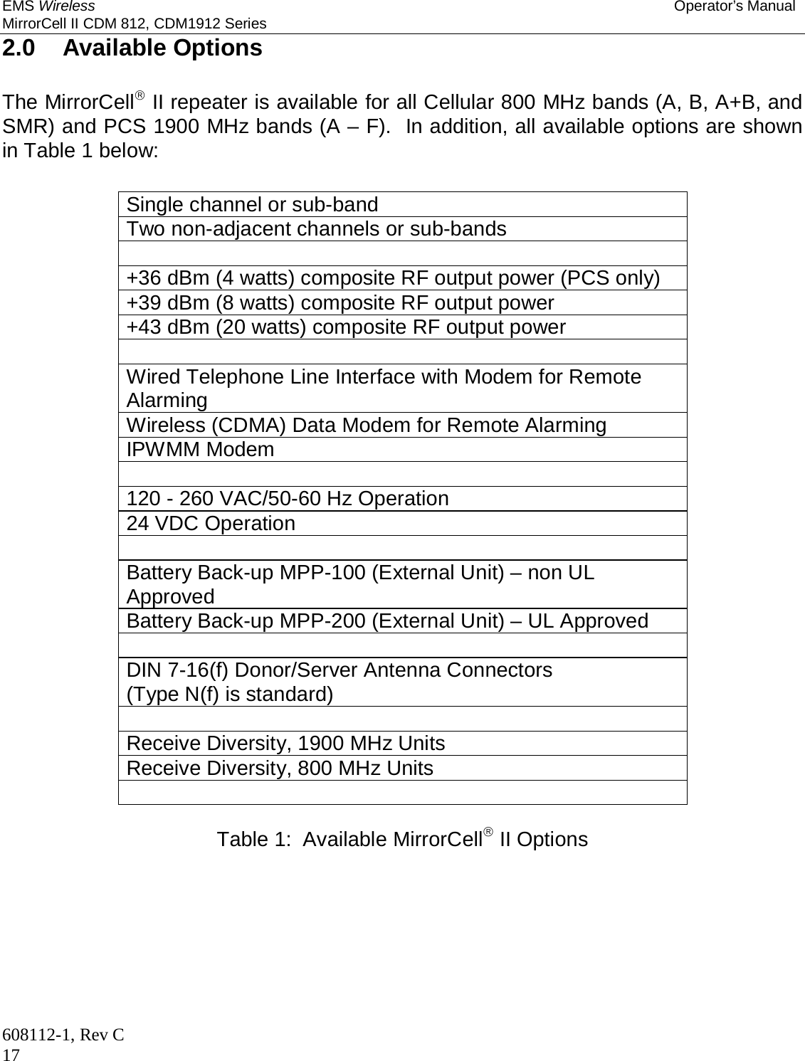 EMS Wireless Operator’s Manual MirrorCell II CDM 812, CDM1912 Series 608112-1, Rev C 17 2.0  Available Options  The MirrorCell II repeater is available for all Cellular 800 MHz bands (A, B, A+B, and SMR) and PCS 1900 MHz bands (A – F).  In addition, all available options are shown in Table 1 below:  Single channel or sub-band Two non-adjacent channels or sub-bands  +36 dBm (4 watts) composite RF output power (PCS only) +39 dBm (8 watts) composite RF output power +43 dBm (20 watts) composite RF output power  Wired Telephone Line Interface with Modem for Remote Alarming Wireless (CDMA) Data Modem for Remote Alarming IPWMM Modem  120 - 260 VAC/50-60 Hz Operation 24 VDC Operation  Battery Back-up MPP-100 (External Unit) – non UL Approved Battery Back-up MPP-200 (External Unit) – UL Approved  DIN 7-16(f) Donor/Server Antenna Connectors (Type N(f) is standard)  Receive Diversity, 1900 MHz Units Receive Diversity, 800 MHz Units   Table 1:  Available MirrorCell II Options 