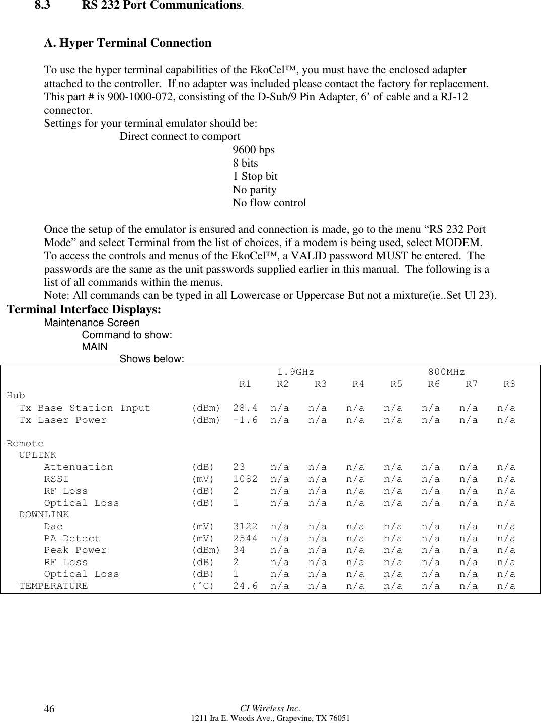 CI Wireless Inc.1211 Ira E. Woods Ave., Grapevine, TX 76051468.3 RS 232 Port Communications.A. Hyper Terminal ConnectionTo use the hyper terminal capabilities of the EkoCel™, you must have the enclosed adapterattached to the controller.  If no adapter was included please contact the factory for replacement.This part # is 900-1000-072, consisting of the D-Sub/9 Pin Adapter, 6’ of cable and a RJ-12connector.Settings for your terminal emulator should be:Direct connect to comport9600 bps8 bits1 Stop bitNo parityNo flow controlOnce the setup of the emulator is ensured and connection is made, go to the menu “RS 232 PortMode” and select Terminal from the list of choices, if a modem is being used, select MODEM.To access the controls and menus of the EkoCel™, a VALID password MUST be entered.  Thepasswords are the same as the unit passwords supplied earlier in this manual.  The following is alist of all commands within the menus.Note: All commands can be typed in all Lowercase or Uppercase But not a mixture(ie..Set Ul 23).Terminal Interface Displays:Maintenance ScreenCommand to show:MAIN Shows below: 1.9GHz  800MHz R1  R2  R3   R4  R5  R6  R7  R8Hub  Tx Base Station Input  (dBm) 28.4 n/a n/a n/a n/a n/a n/a n/a  Tx Laser Power (dBm) -1.6 n/a n/a n/a n/a n/a n/a n/aRemote  UPLINKAttenuation (dB) 23 n/a n/a n/a n/a n/a n/a n/aRSSI (mV) 1082 n/a n/a n/a n/a n/a n/a n/aRF Loss (dB) 2 n/a n/a n/a n/a n/a n/a n/aOptical Loss (dB) 1 n/a n/a n/a n/a n/a n/a n/a  DOWNLINKDac (mV) 3122 n/a n/a n/a n/a n/a n/a n/aPA Detect (mV) 2544 n/a n/a n/a n/a n/a n/a n/aPeak Power (dBm) 34 n/a n/a n/a n/a n/a n/a n/aRF Loss (dB) 2 n/a n/a n/a n/a n/a n/a n/aOptical Loss (dB) 1 n/a n/a n/a n/a n/a n/a n/a  TEMPERATURE (˚C) 24.6 n/a n/a n/a n/a n/a n/a n/a