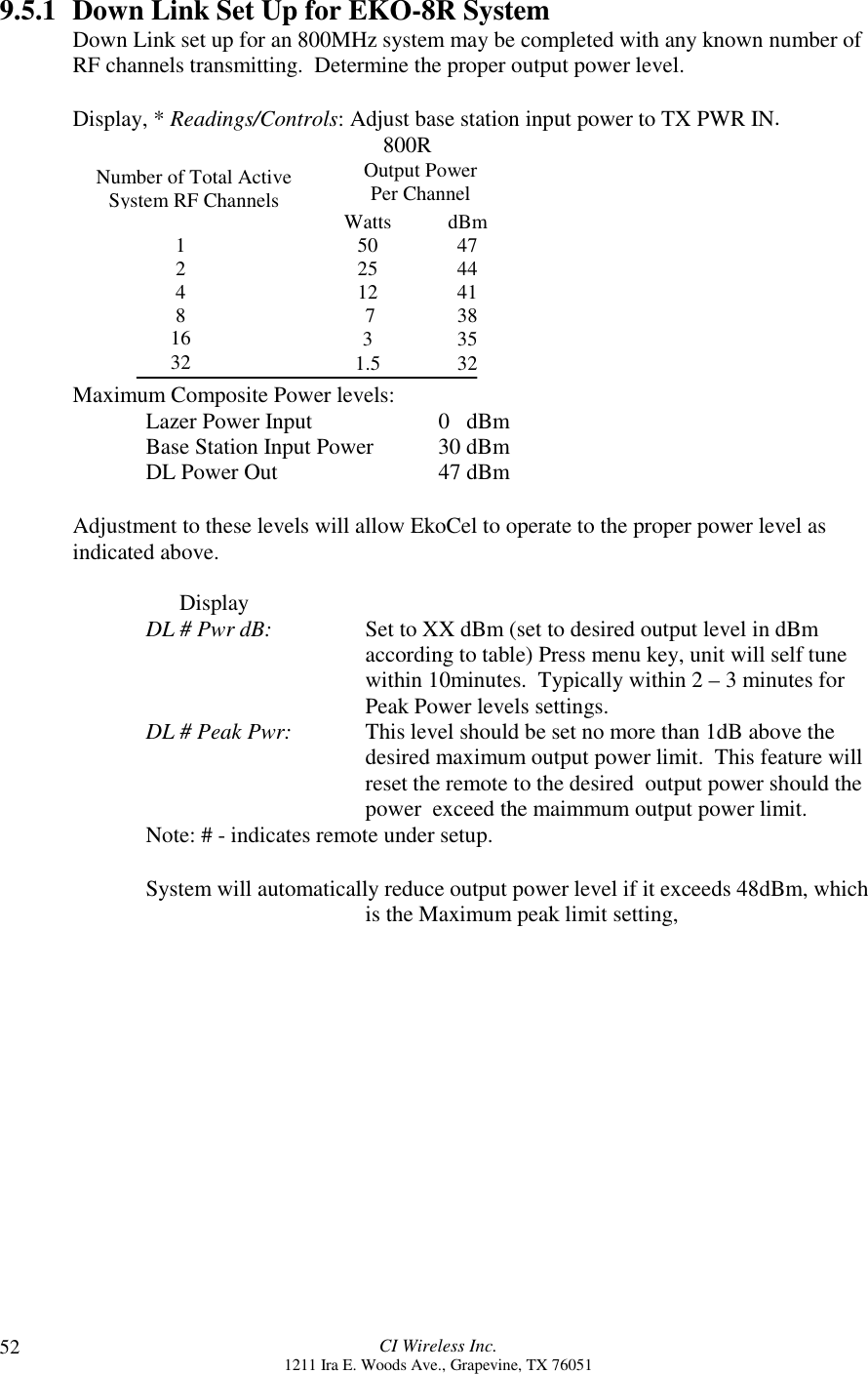 CI Wireless Inc.1211 Ira E. Woods Ave., Grapevine, TX 76051529.5.1 Down Link Set Up for EKO-8R SystemDown Link set up for an 800MHz system may be completed with any known number ofRF channels transmitting.  Determine the proper output power level.Display, * Readings/Controls: Adjust base station input power to TX PWR IN.   800RMaximum Composite Power levels:Lazer Power Input 0   dBmBase Station Input Power 30 dBmDL Power Out 47 dBmAdjustment to these levels will allow EkoCel to operate to the proper power level asindicated above.      DisplayDL # Pwr dB: Set to XX dBm (set to desired output level in dBmaccording to table) Press menu key, unit will self tunewithin 10minutes.  Typically within 2 – 3 minutes forPeak Power levels settings.DL # Peak Pwr: This level should be set no more than 1dB above thedesired maximum output power limit.  This feature willreset the remote to the desired  output power should thepower  exceed the maimmum output power limit.Note: # - indicates remote under setup.System will automatically reduce output power level if it exceeds 48dBm, whichis the Maximum peak limit setting,Number of Total ActiveSystem RF ChannelsOutput PowerPer ChannelWatts502512 731.5dBm47444138353212481632
