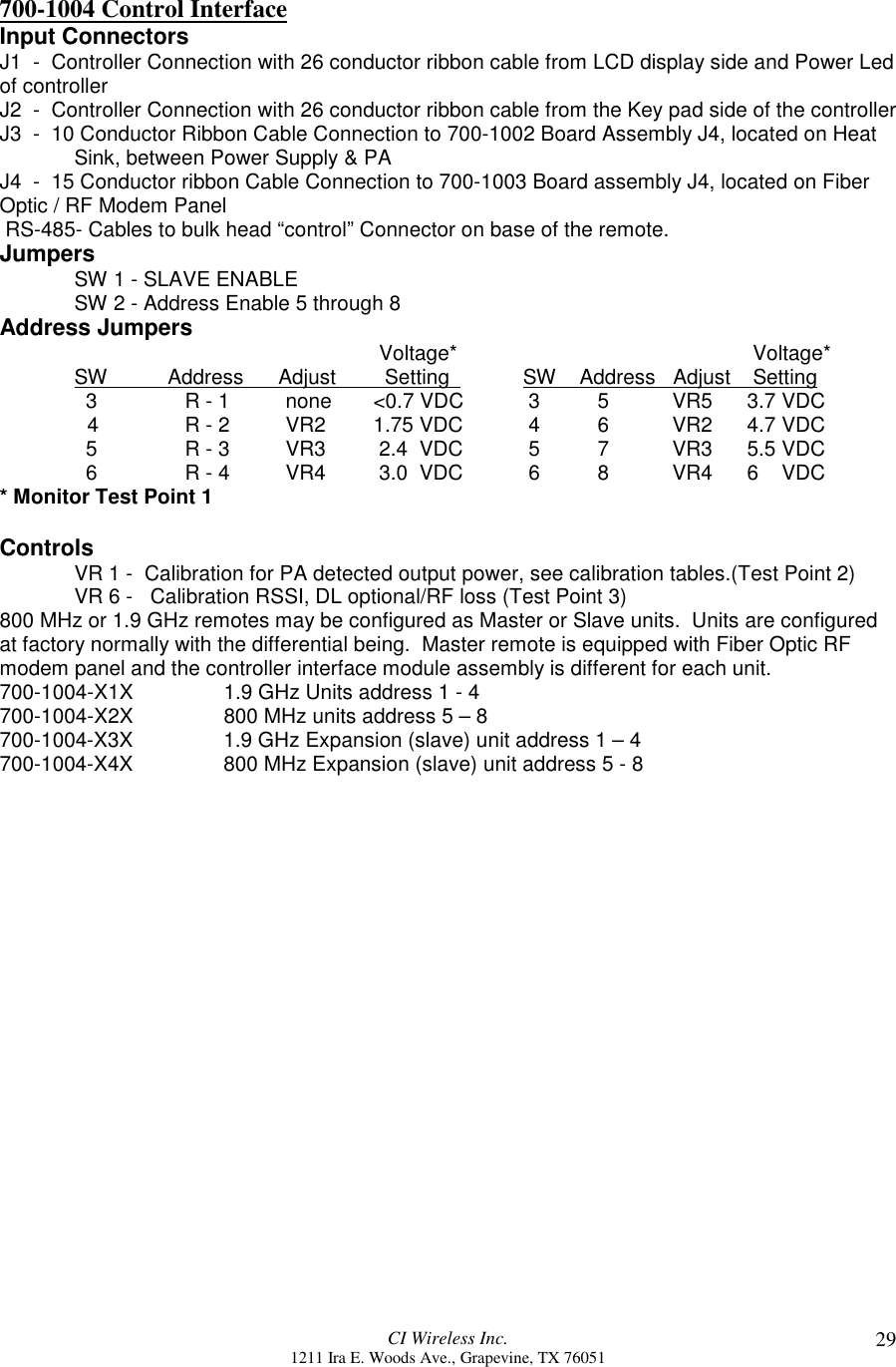 CI Wireless Inc.1211 Ira E. Woods Ave., Grapevine, TX 76051 29700-1004 Control InterfaceInput ConnectorsJ1  -  Controller Connection with 26 conductor ribbon cable from LCD display side and Power Ledof controllerJ2  -  Controller Connection with 26 conductor ribbon cable from the Key pad side of the controllerJ3  -  10 Conductor Ribbon Cable Connection to 700-1002 Board Assembly J4, located on HeatSink, between Power Supply &amp; PAJ4  -  15 Conductor ribbon Cable Connection to 700-1003 Board assembly J4, located on FiberOptic / RF Modem Panel RS-485- Cables to bulk head “control” Connector on base of the remote.JumpersSW 1 - SLAVE ENABLESW 2 - Address Enable 5 through 8Address Jumpers     Voltage*  Voltage*SW           Address       Adjust         Setting   SW    Address   Adjust    Setting  3    R - 1  none &lt;0.7 VDC  3 5 VR5 3.7 VDC  4    R - 2  VR2 1.75 VDC  4 6 VR2     4.7 VDC  5    R - 3  VR3  2.4  VDC  5 7 VR3 5.5 VDC  6    R - 4  VR4  3.0  VDC  6 8 VR4 6    VDC* Monitor Test Point 1ControlsVR 1 -  Calibration for PA detected output power, see calibration tables.(Test Point 2)VR 6 -   Calibration RSSI, DL optional/RF loss (Test Point 3)800 MHz or 1.9 GHz remotes may be configured as Master or Slave units.  Units are configuredat factory normally with the differential being.  Master remote is equipped with Fiber Optic RFmodem panel and the controller interface module assembly is different for each unit.700-1004-X1X 1.9 GHz Units address 1 - 4700-1004-X2X 800 MHz units address 5 – 8700-1004-X3X  1.9 GHz Expansion (slave) unit address 1 – 4700-1004-X4X 800 MHz Expansion (slave) unit address 5 - 8