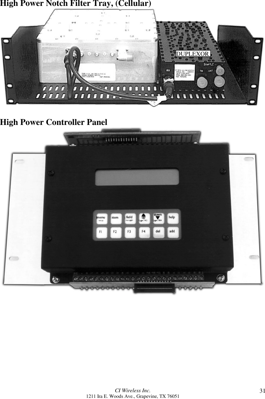 CI Wireless Inc.1211 Ira E. Woods Ave., Grapevine, TX 76051 31High Power Notch Filter Tray, (Cellular)High Power Controller PanelDUPLEXOR