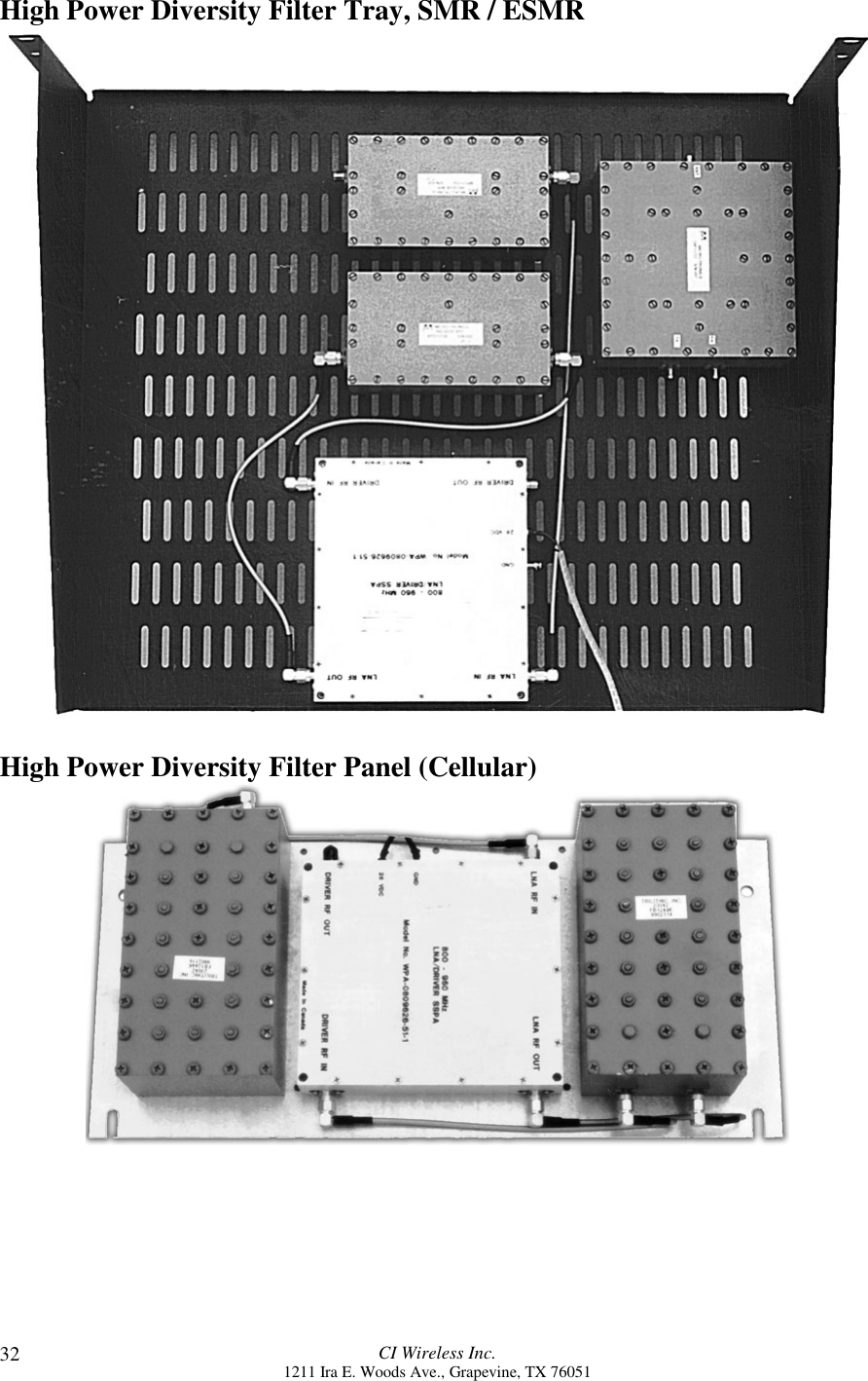 CI Wireless Inc.1211 Ira E. Woods Ave., Grapevine, TX 7605132High Power Diversity Filter Tray, SMR / ESMRHigh Power Diversity Filter Panel (Cellular)