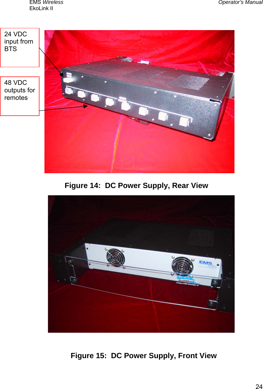 EMS Wireless  Operator’s Manual EkoLink II   24                                        Figure 14:  DC Power Supply, Rear View Figure 15:  DC Power Supply, Front View 48 VDC outputs for remotes 24 VDC input from BTS 