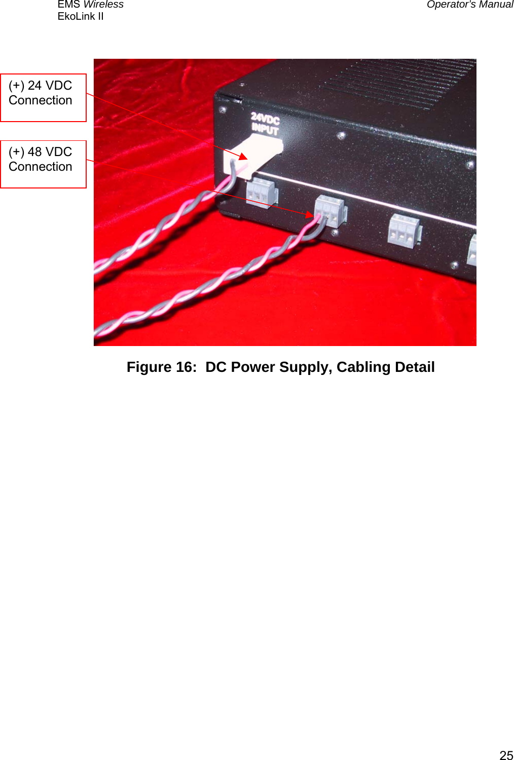 EMS Wireless  Operator’s Manual EkoLink II   25                                               Figure 16:  DC Power Supply, Cabling Detail (+) 24 VDC Connection (+) 48 VDC Connection 